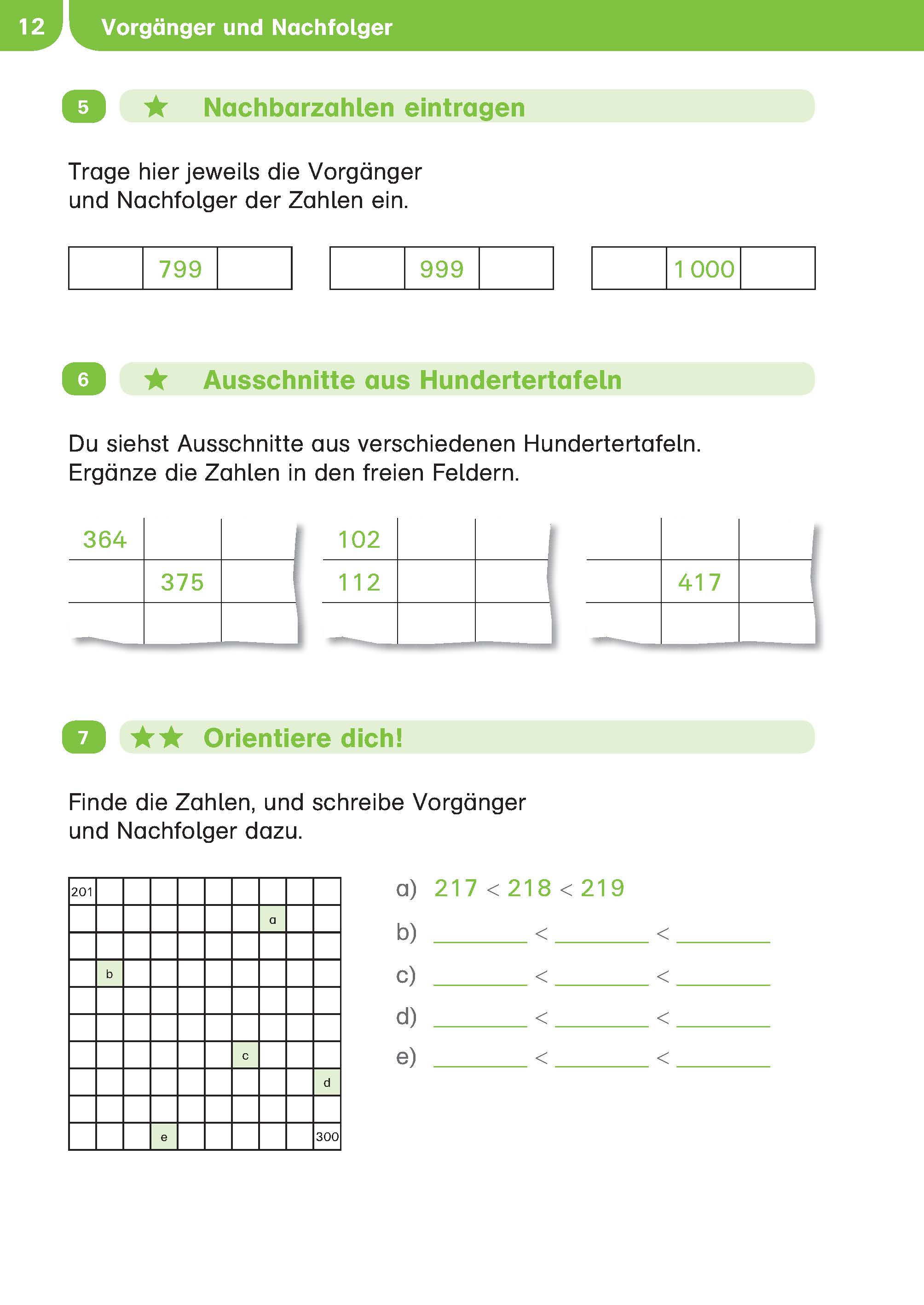 Ein deutsches Mathematik-Arbeitsblatt mit Übungen zum Eintragen von Vorgänger- und Nachfolgerzahlen, zum Vervollständigen von Zahlenfolgen und zum Lösen eines Zahlenrasters.