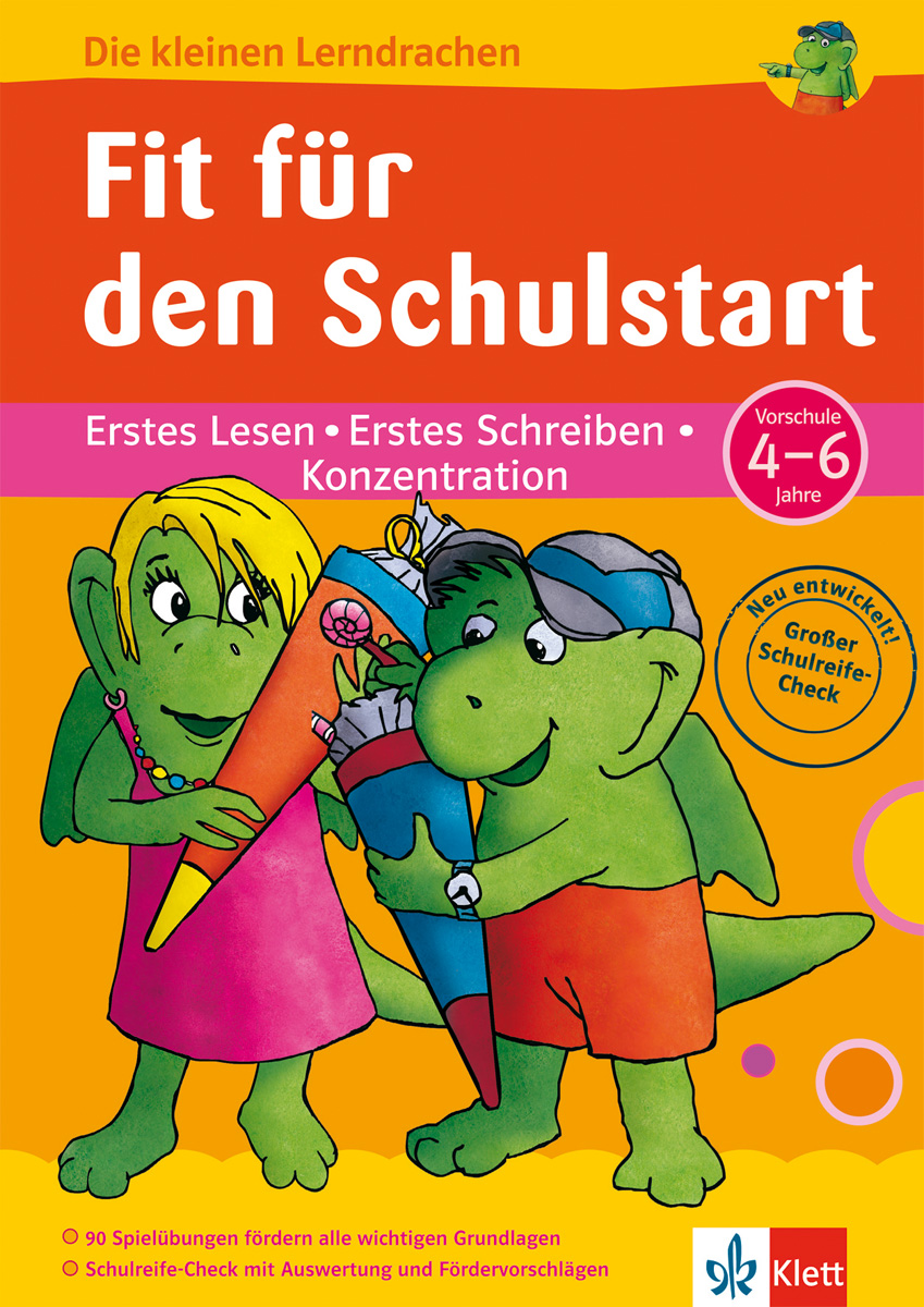 Zwei Cartoon-Drachen, ein grüner und ein blauer, halten überdimensionale Stifte und ein Buch auf dem Umschlag eines deutschen Arbeitsbuchs für Kinder im Alter von 4 bis 6 Jahren zur Vorbereitung auf die Schule.