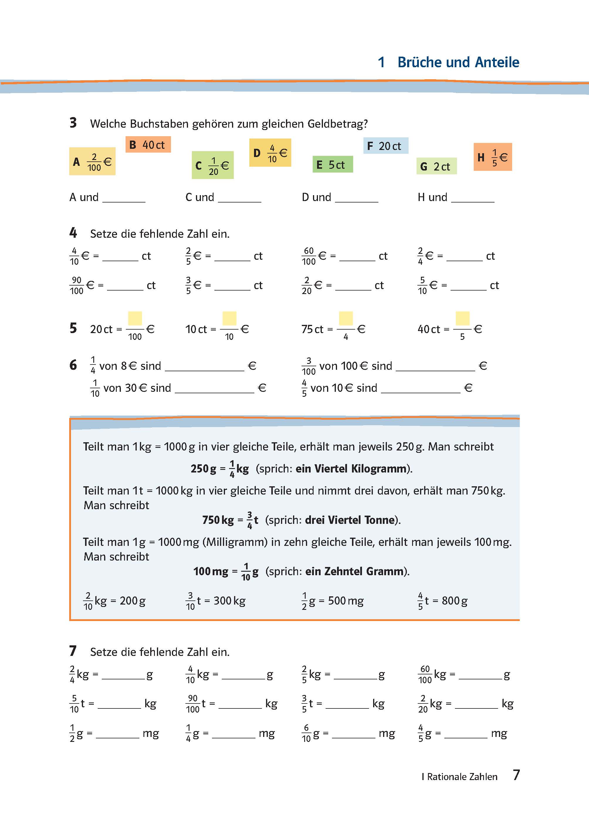 Ein deutsches Mathe-Arbeitsblatt zum Thema Brüche und Geld, mit Münzen und Übungen zum Ergänzen fehlender Werte und zum Rechnen mit Gramm und Kilogramm.