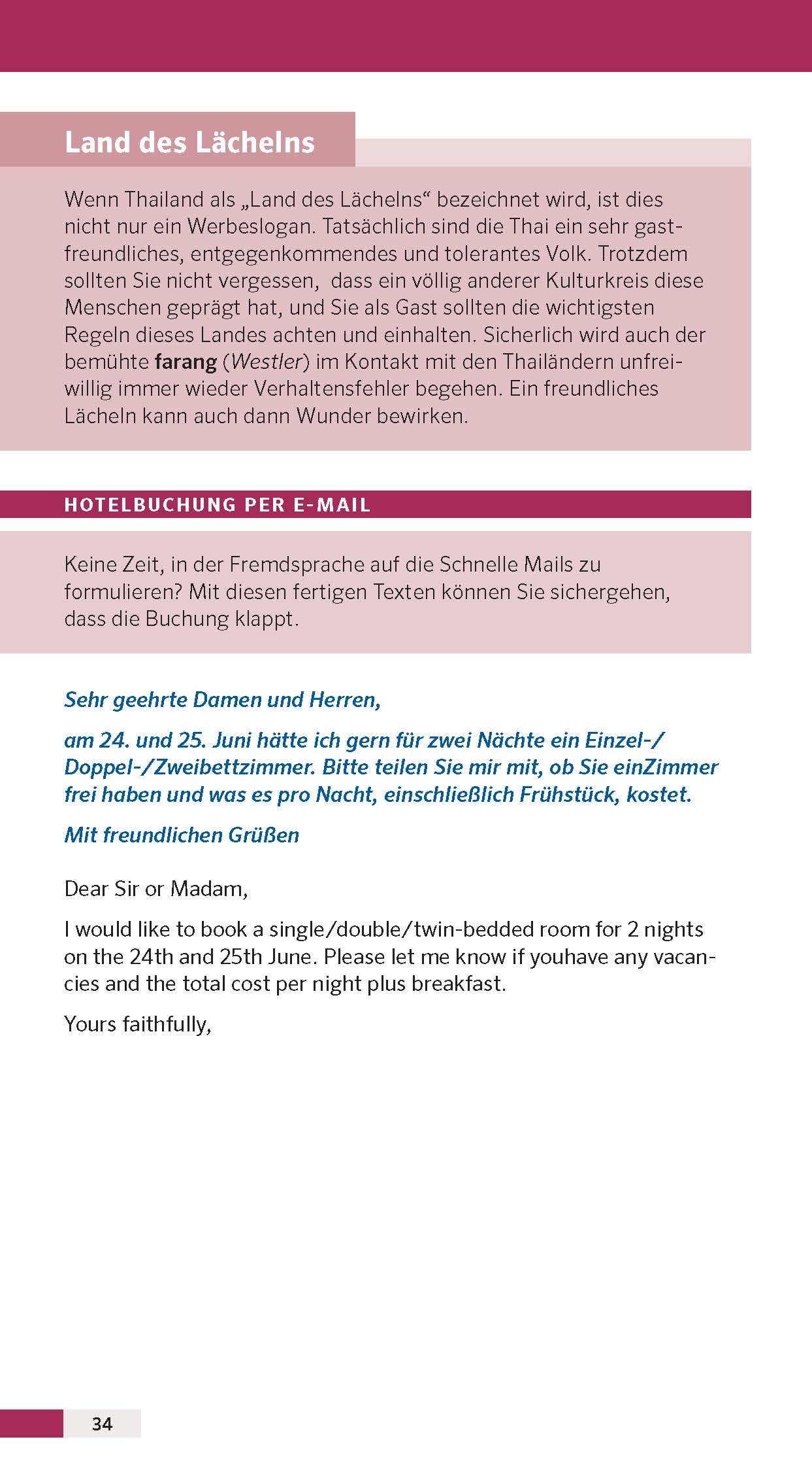 Eine Seite aus einem deutschen Reiseführer beschreibt die Etikette für lächelnde und E-Mail-Hotelreservierungen in Thailand, mit hervorgehobenem Text und Abschnitten über kulturelle Tipps.