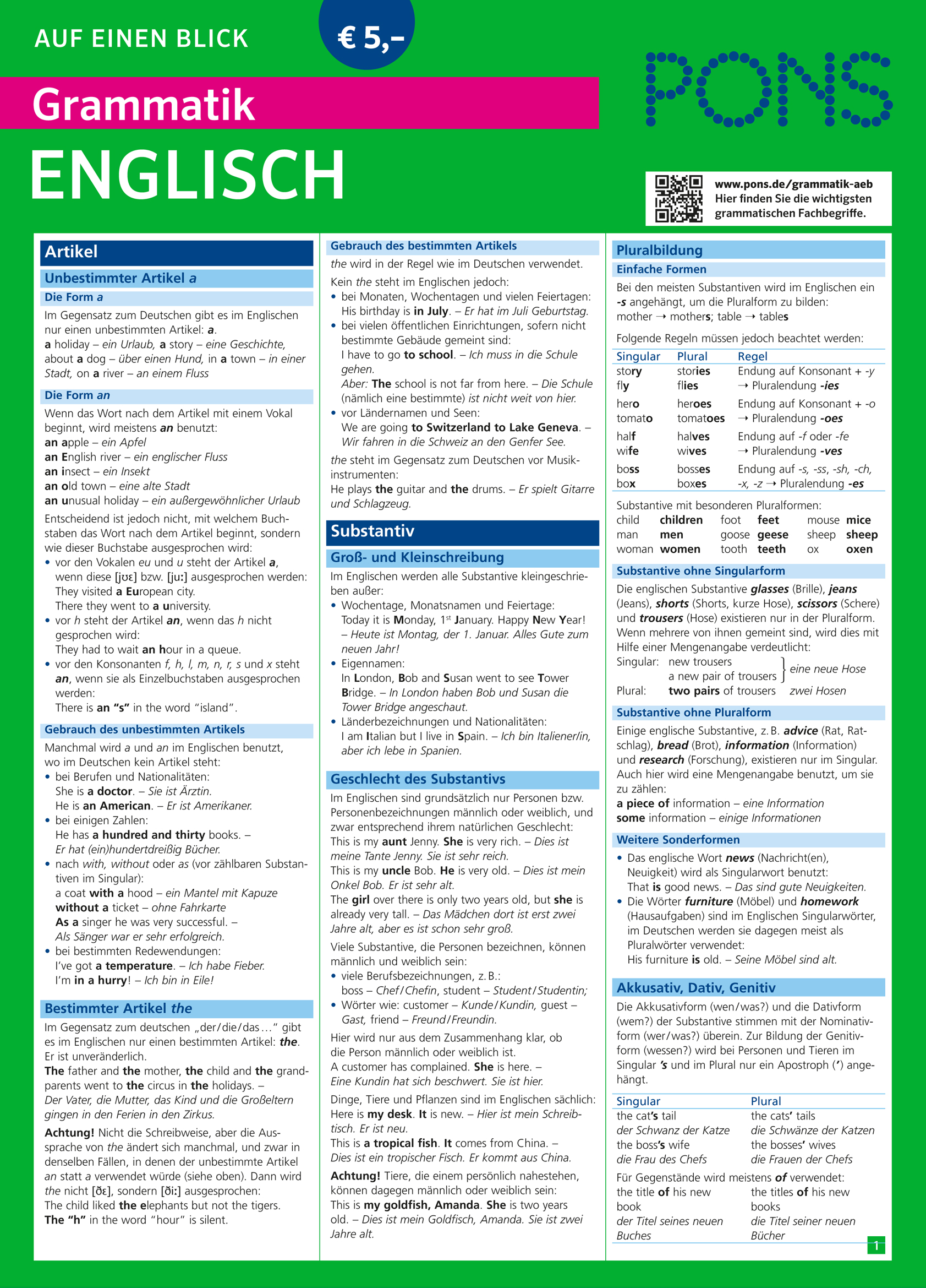 Eine deutschsprachige Grammatikübersicht von PONS, die englische Artikel, Substantive, Pluralformen und den Gebrauch der Groß- und Kleinschreibung behandelt, gegliedert in farblich gekennzeichnete Abschnitte mit Erklärungen und Beispielen.