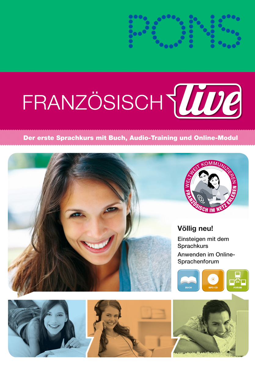 Cover eines PONS-Französischkursbuchs mit einer lächelnden Frau, Icons für Buch, Audio- und Online-Module und dem Titel FRANZÖSISCH live in Fettschrift.