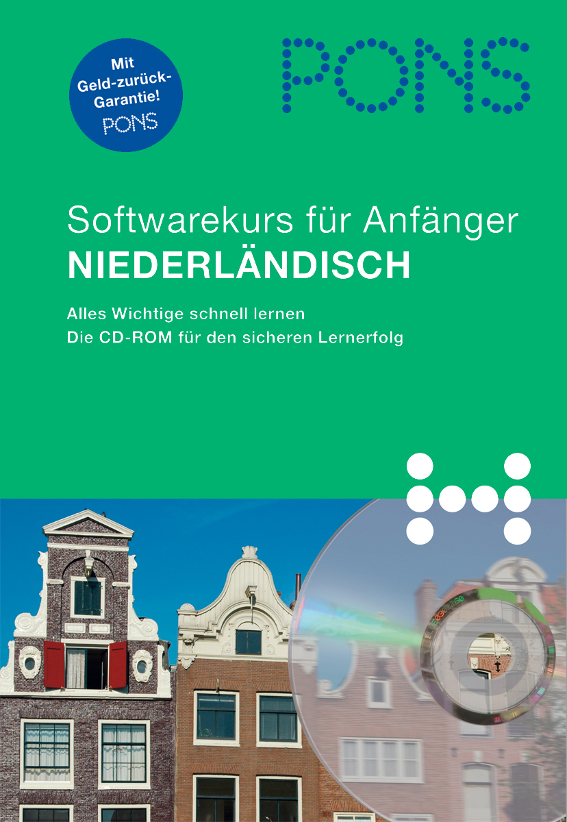 PONS Softwarekurs für Anfänger Niederländisch Buchcover für einen Niederländisch-Sprachkurs für Anfänger von PONS, mit Grachtenhäusern und einer CD-ROM für effektives Lernen.