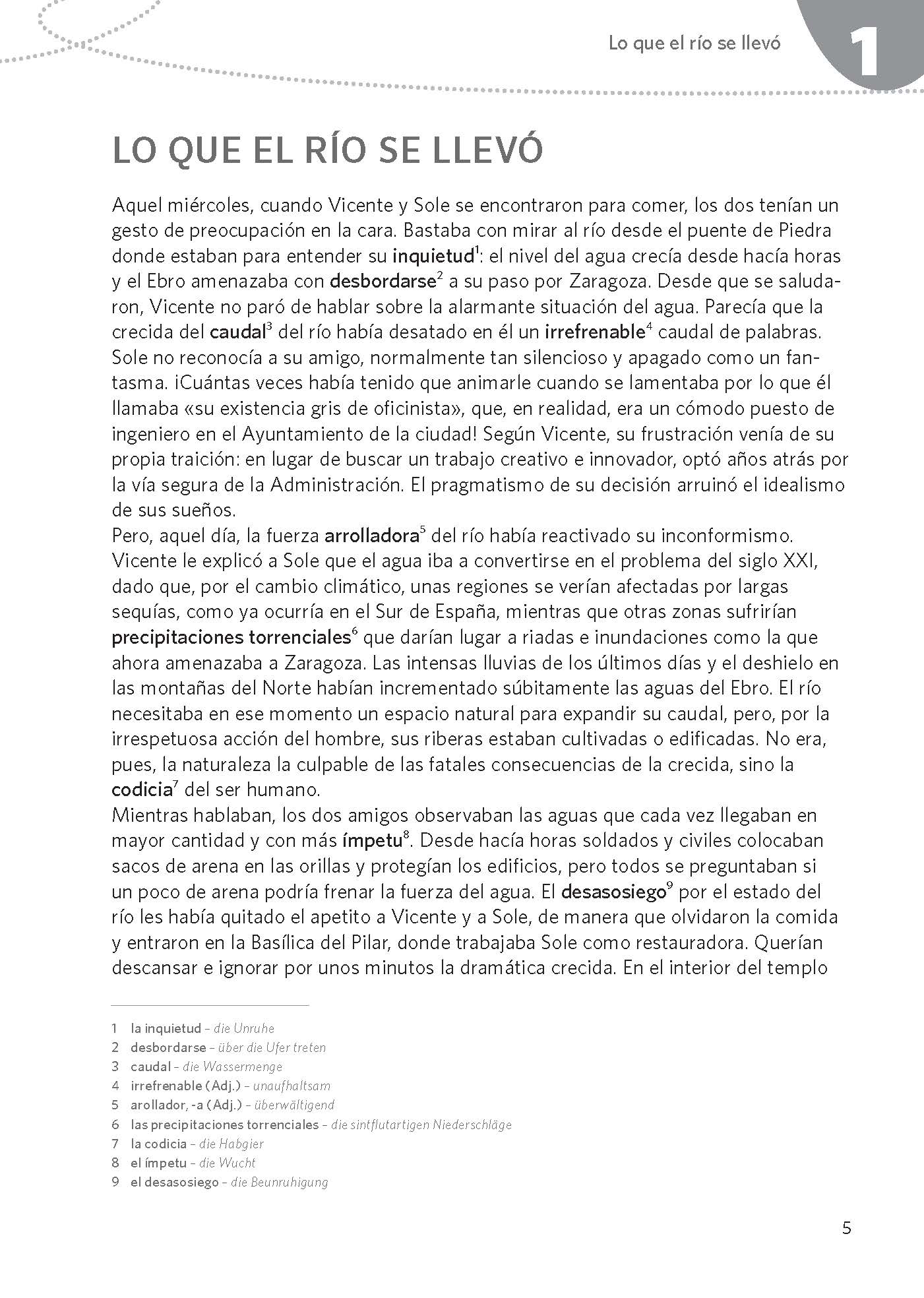 Eine Seite aus einem spanischen Buch mit dem Titel Lo que el río se llevó, mit einer Textspalte und einem grauen Zierrand am oberen Rand.