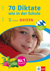 Umschlag eines deutschen Schularbeitsheftes mit dem Titel 70 Diktate wie in der Schule 3. Klasse Bayern, mit einem lächelnden Kind und einem Zeichentrickdrachen.