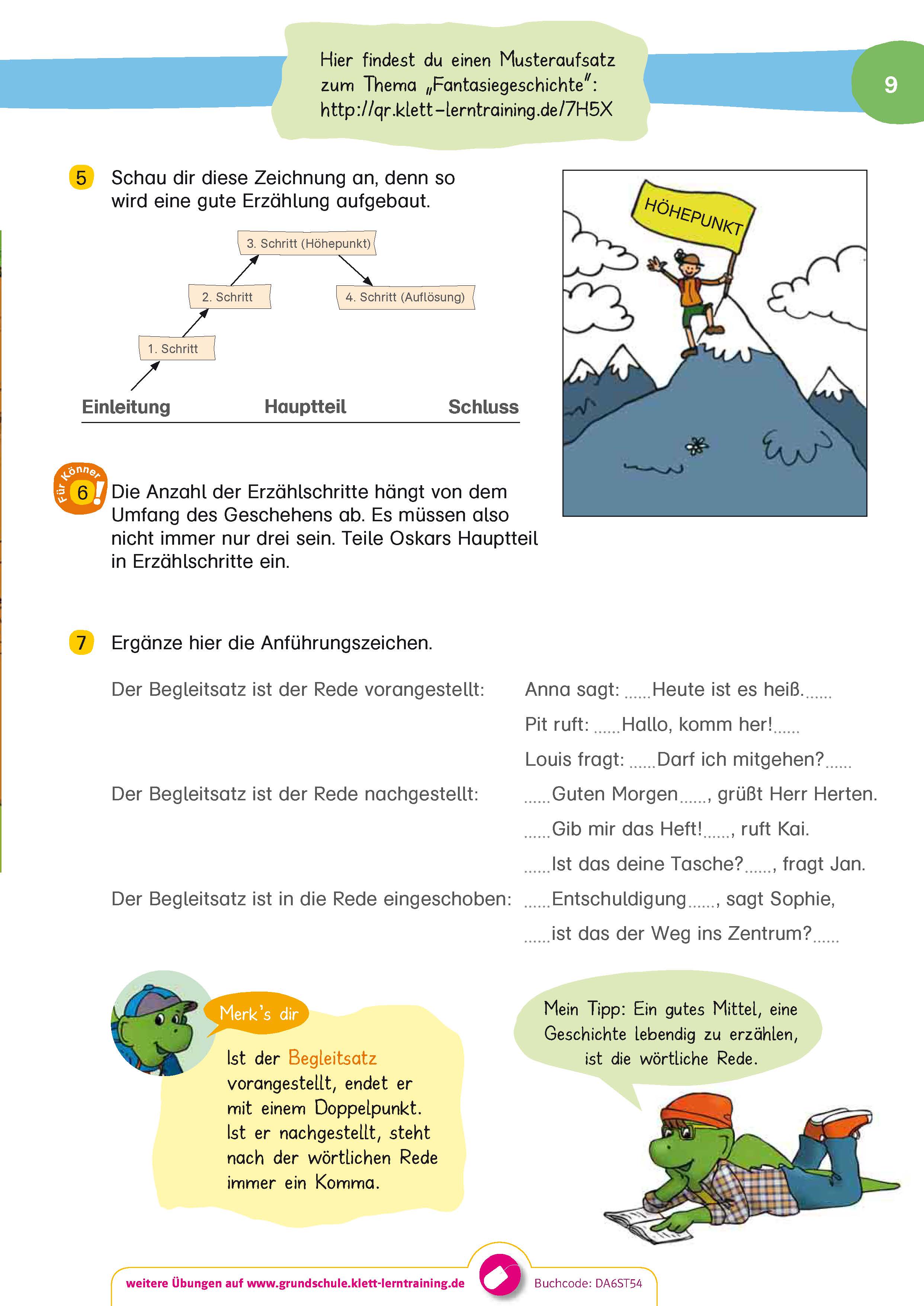 Buntes deutschsprachiges Arbeitsblatt für Kinder zum Thema Geschichtenerzählen, mit einer Zeichnung eines Jungen auf einem Hügel, Textfeldern und nummerierten Anweisungen mit Beispielen für Sprechsätze.
