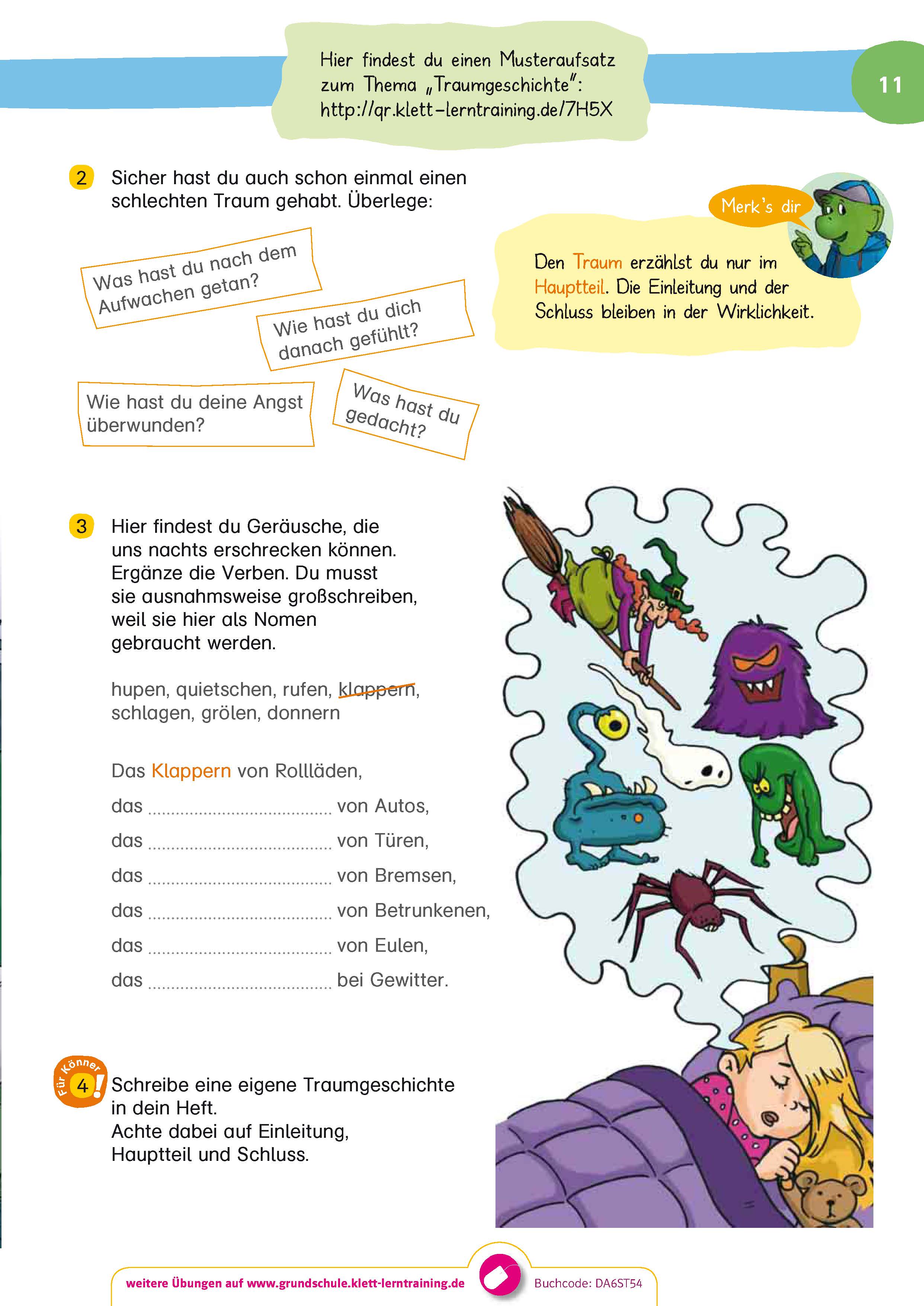 Ein deutschsprachiges Arbeitsblatt für Kinder zum Thema Träume, mit Fragen, kurzen Übungen und Cartoon-Illustrationen eines Hundes und eines Schülers.