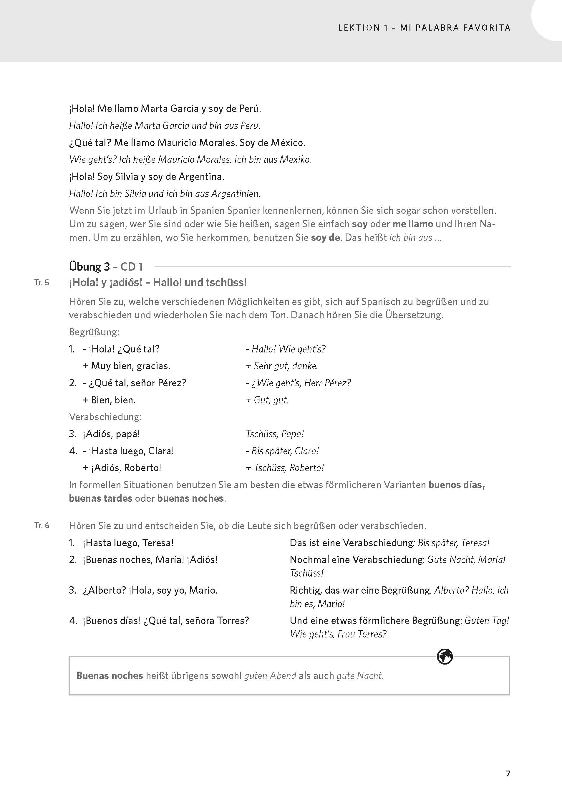 Eine gedruckte Lehrbuchseite für Spanisch-Einführungen, mit Beispiel-Dialogen, Vokabeln und einer Audio-Übung mit Begrüßungs- und Nationalitätenfloskeln.