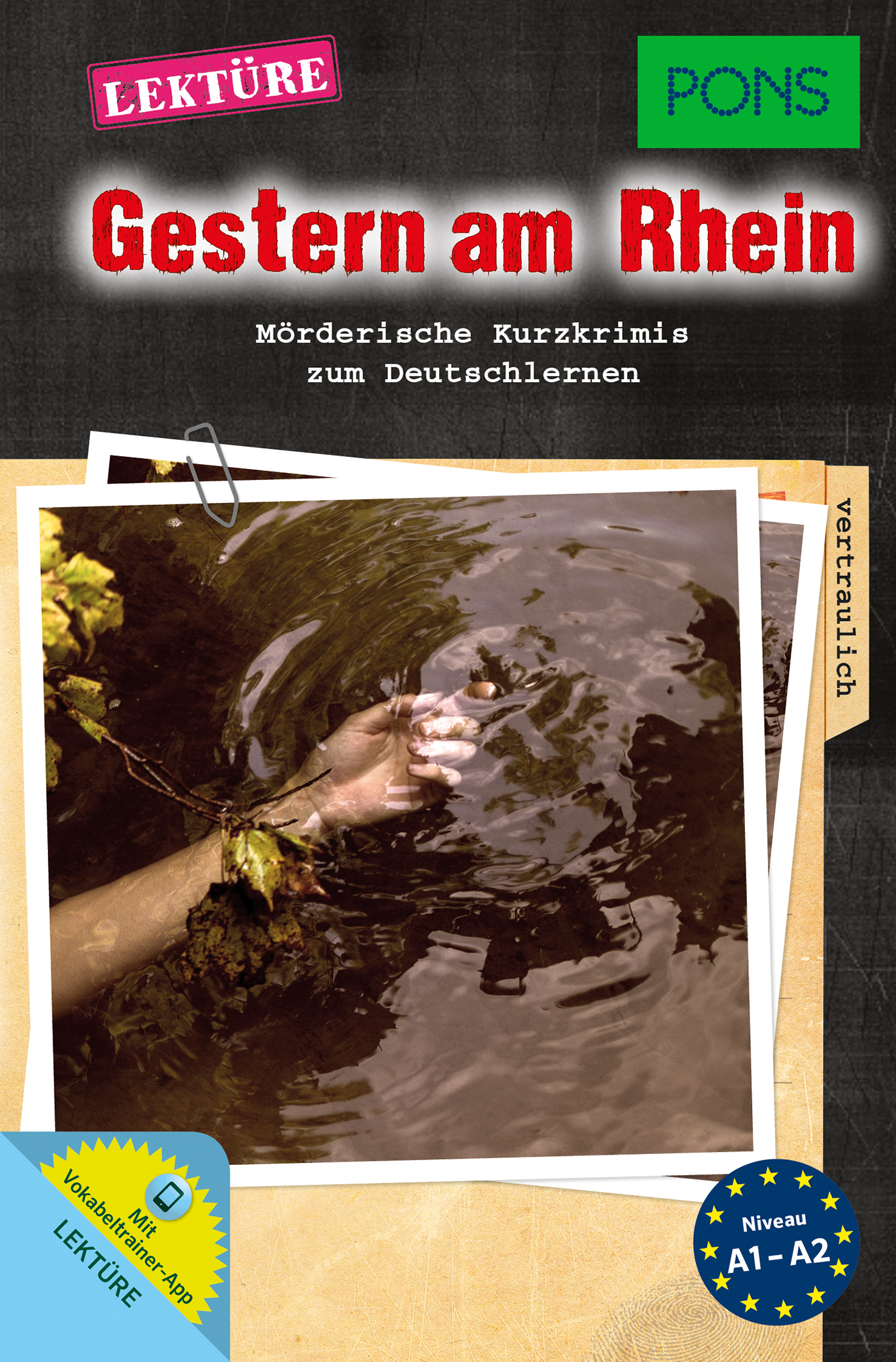 Eine Hand taucht aus dem Wasser auf, umgeben von schwimmenden Blättern; der Umschlagtext ist auf Deutsch und enthält ein Krimithema für Sprachschüler.
