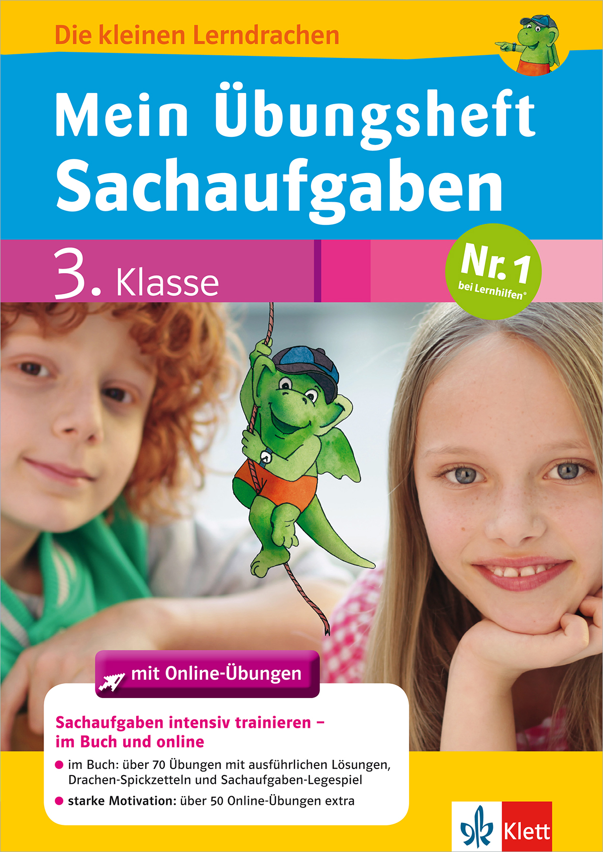 Umschlag eines deutschen Arbeitsbuchs mit dem Titel Mein Übungsheft Sachaufgaben 3. Klasse, das ein grünes Drachenmaskottchen und zwei lächelnde Kinder zeigt.