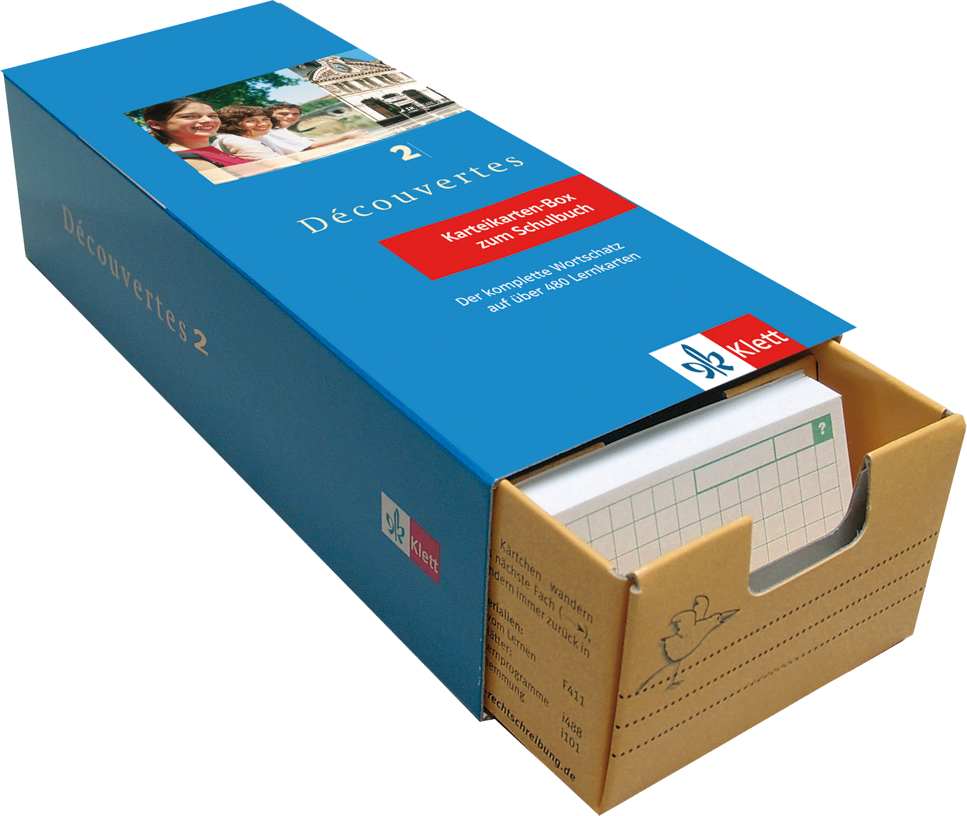 Die blaue Schachtel mit der Aufschrift Découvertes 2 enthält Vokabelkarten zum Erlernen der französischen Sprache, wobei eine teilweise geöffnete Schublade die darin befindlichen Karten sichtbar macht.