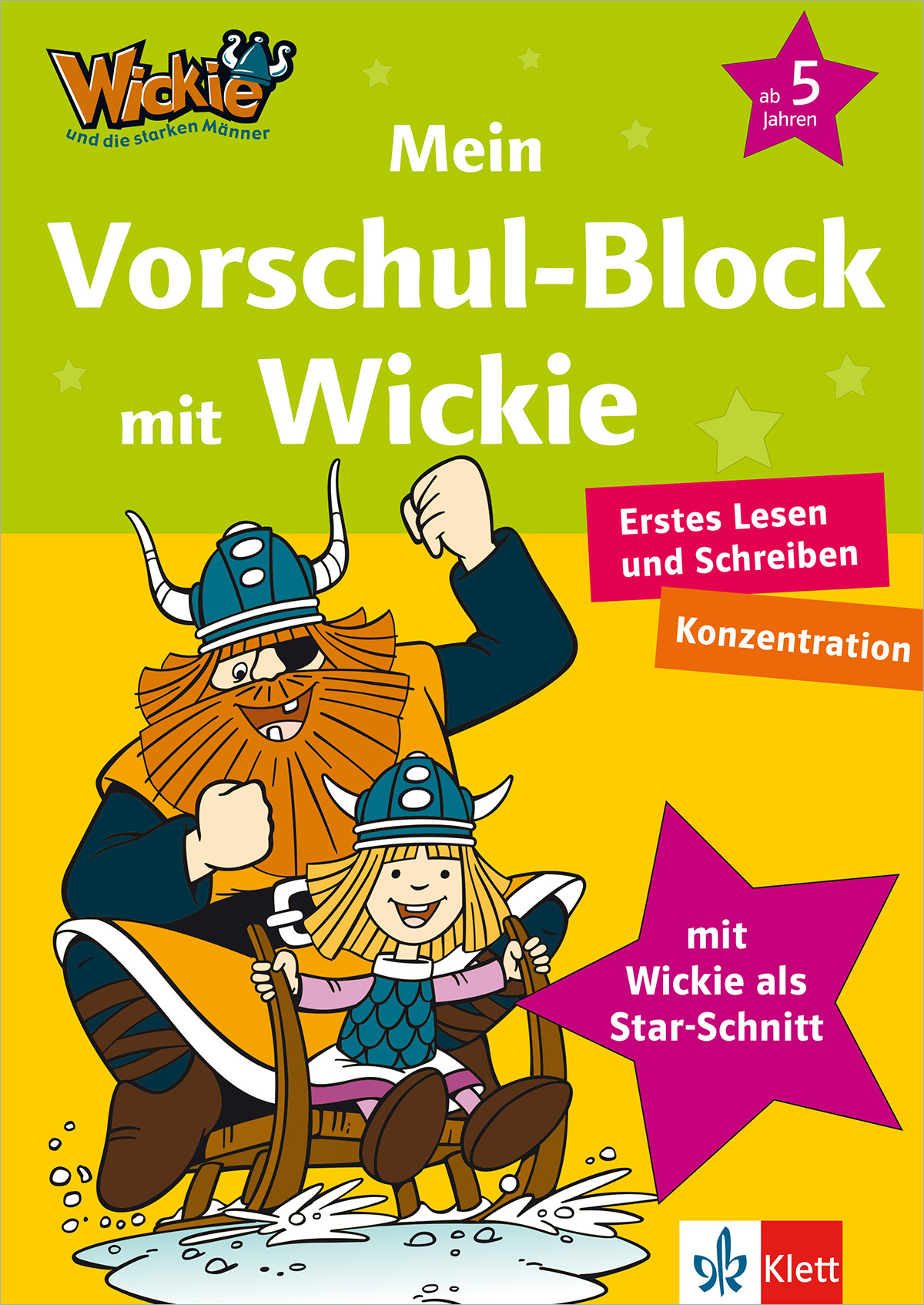 Buntes Buchcover mit Cartoon-Wikingerfiguren, einem großen Erwachsenen und einem Kind, in einem Boot. Der Text in deutscher Sprache fördert das frühe Lesen und Schreiben für Kinder ab 5 Jahren.