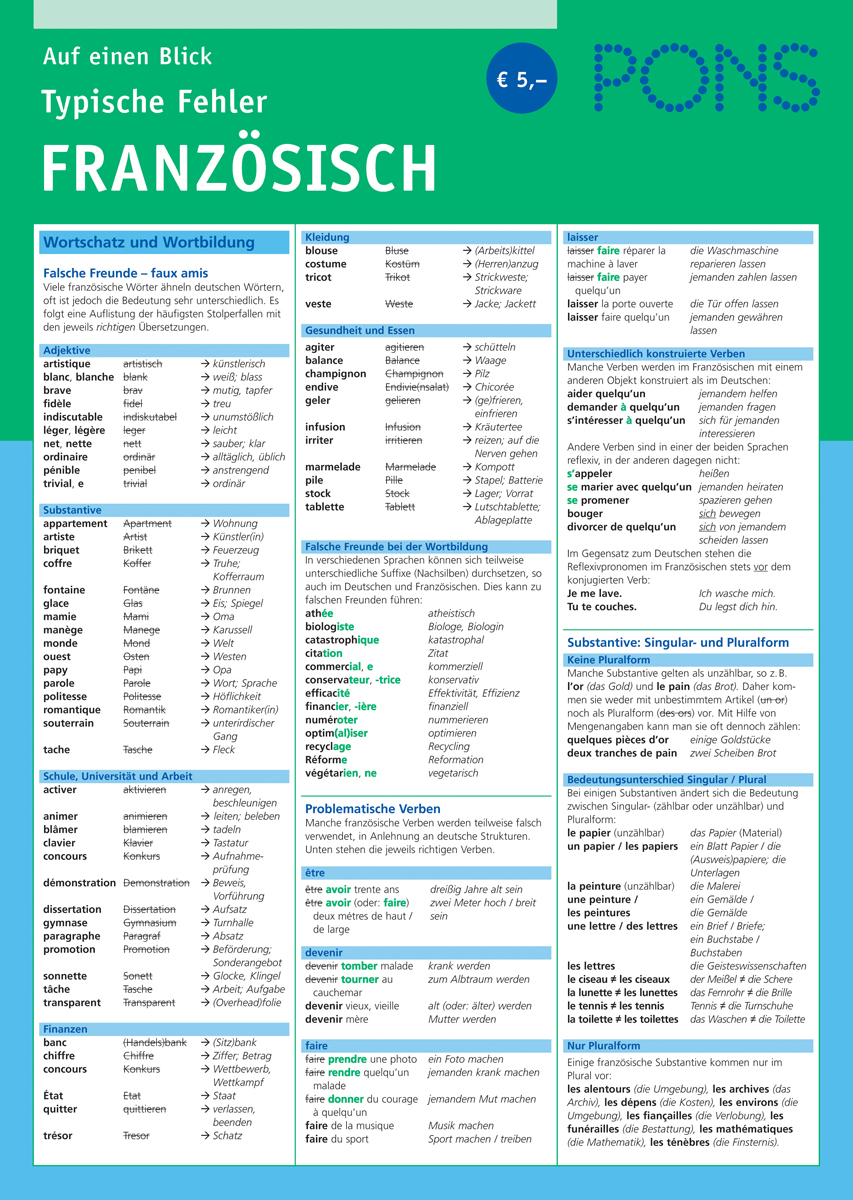 Eine deutschsprachige Referenztabelle mit häufigen Fehlern im Französischen, einschließlich Vokabeln, Verben, falschen Freunden und Grammatikregeln, gegliedert in blaue und grüne Abschnitte.