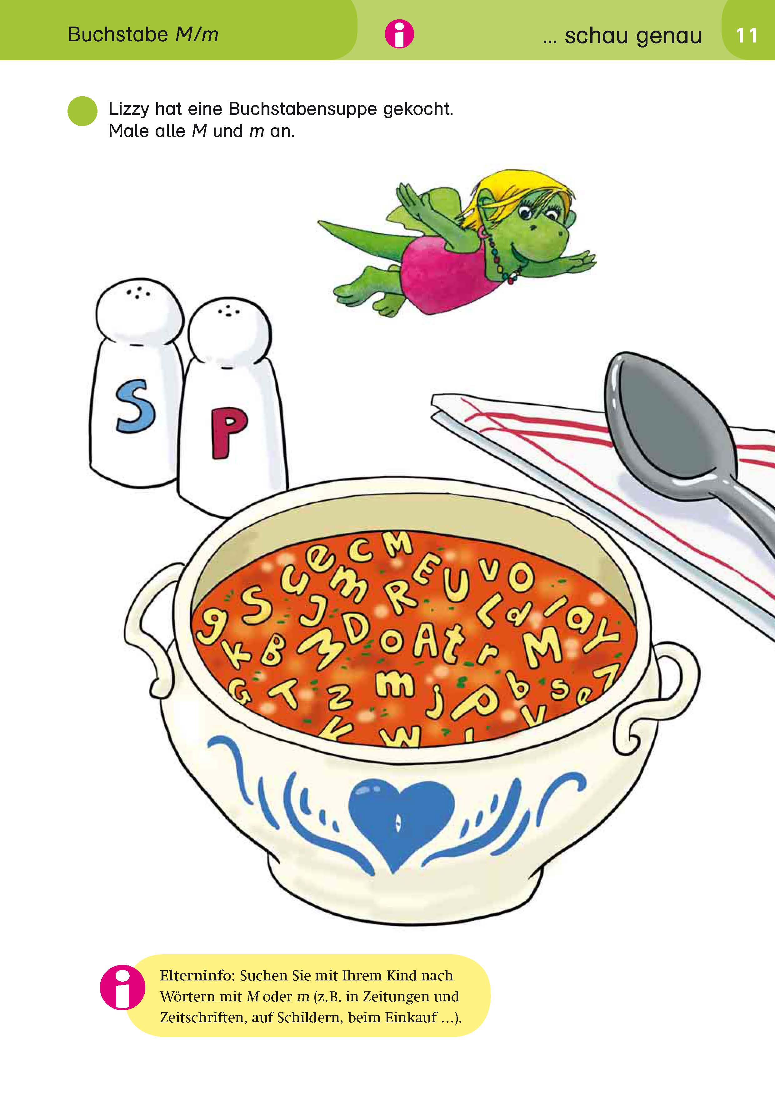 Eine Schüssel mit Buchstabensuppe mit schwimmenden Buchstabennudeln, neben Salz- und Pfefferstreuern. Ein grünes Cartoon-Mädchen schwebt über der Schüssel.