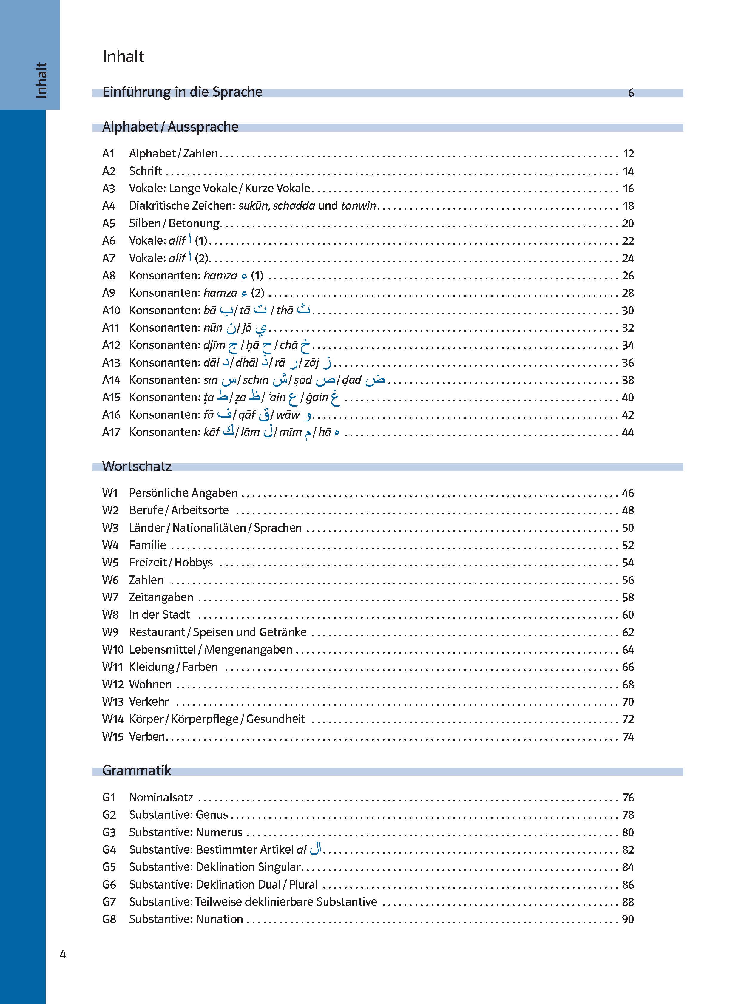 Inhaltsverzeichnis eines Sprachlehrbuchs mit Abschnitten zum Alphabet, zur Aussprache und zu Vokabelthemen wie Zahlen, Familie und Berufe. Der Text ist auf Deutsch.