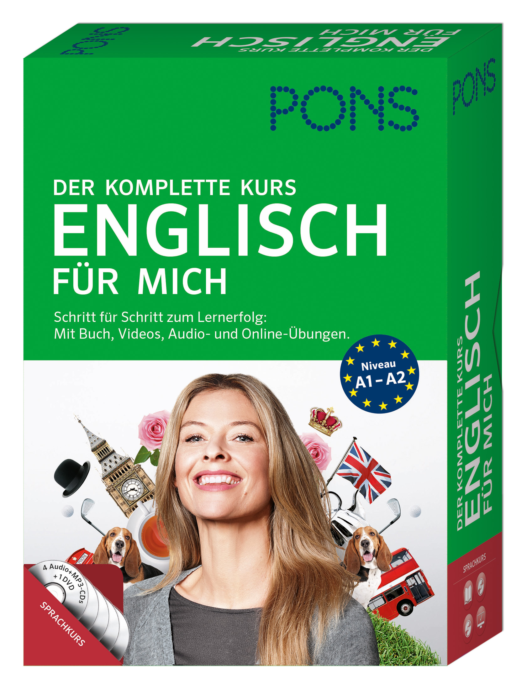 Grüne PONS-Box für Der komplette Kurs Englisch für mich mit einer lächelnden Frau, britischen Symbolen und einem Hund; beschriftet für A1-A2 Sprachschüler.
