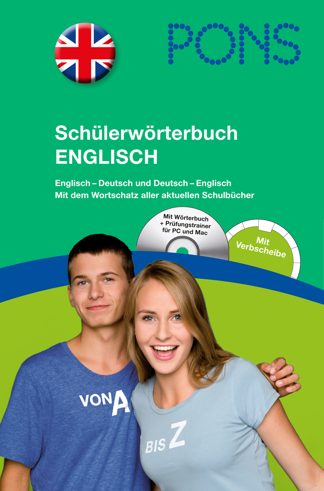 Ein Jugendlicher und ein Mädchen lächeln vor einem grünen Hintergrund mit dem Umschlagtext eines deutsch-englischen Schülerwörterbuchs von PONS.