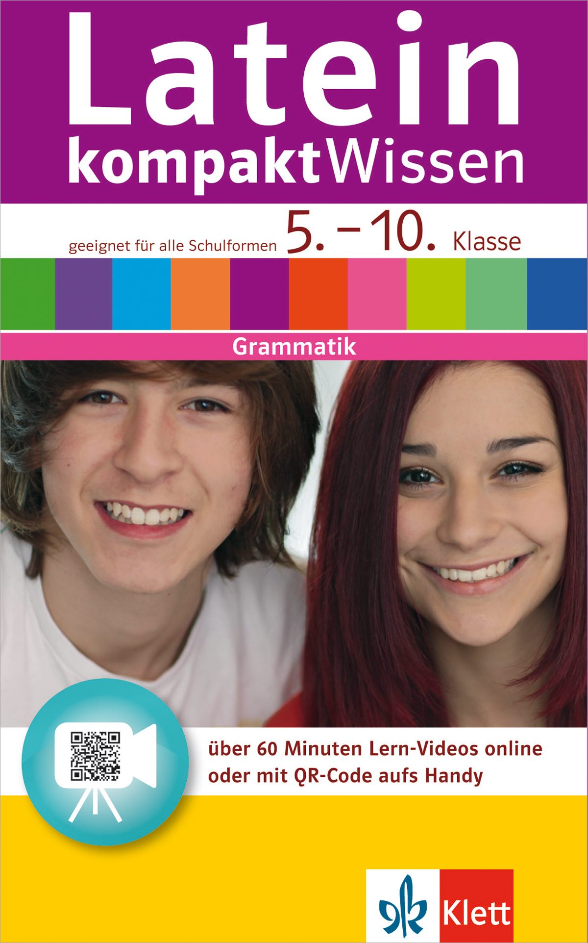 Cover eines deutschen Latein-Grammatikbuchs für die Klassen 5-10 mit einem lächelnden Jungen und einem lächelnden Mädchen, mit Text über Online-Lernvideos und einem QR-Code.