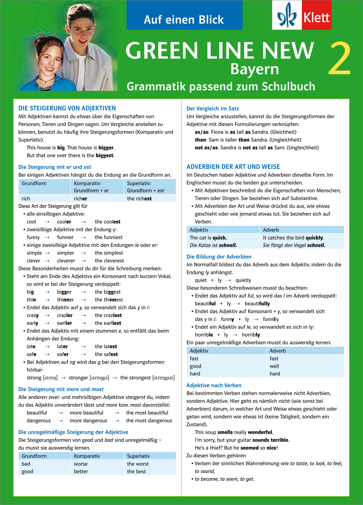 Ein deutschsprachiges Grammatikblatt für Schüler mit Abschnitten zu Adjektivvergleichen, Adverbien und Beispielsätzen, mit einem Jungen und einem Mädchen oben links.