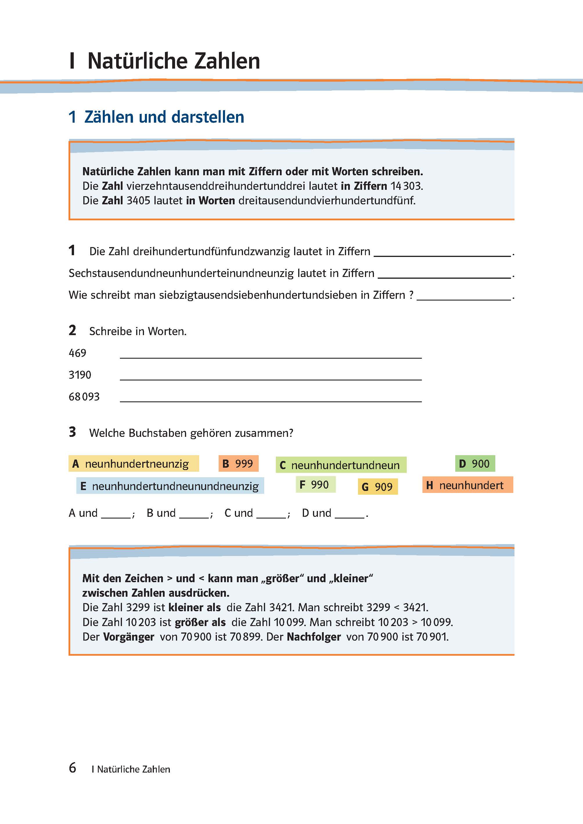 Ein deutsches Arbeitsblatt zum Thema natürliche Zahlen, das das Schreiben von Zahlen in Worten und Ziffern, das Zuordnen von farbigen Buchstaben und das Ordnen von Zahlen nach ihrer Größe beinhaltet.