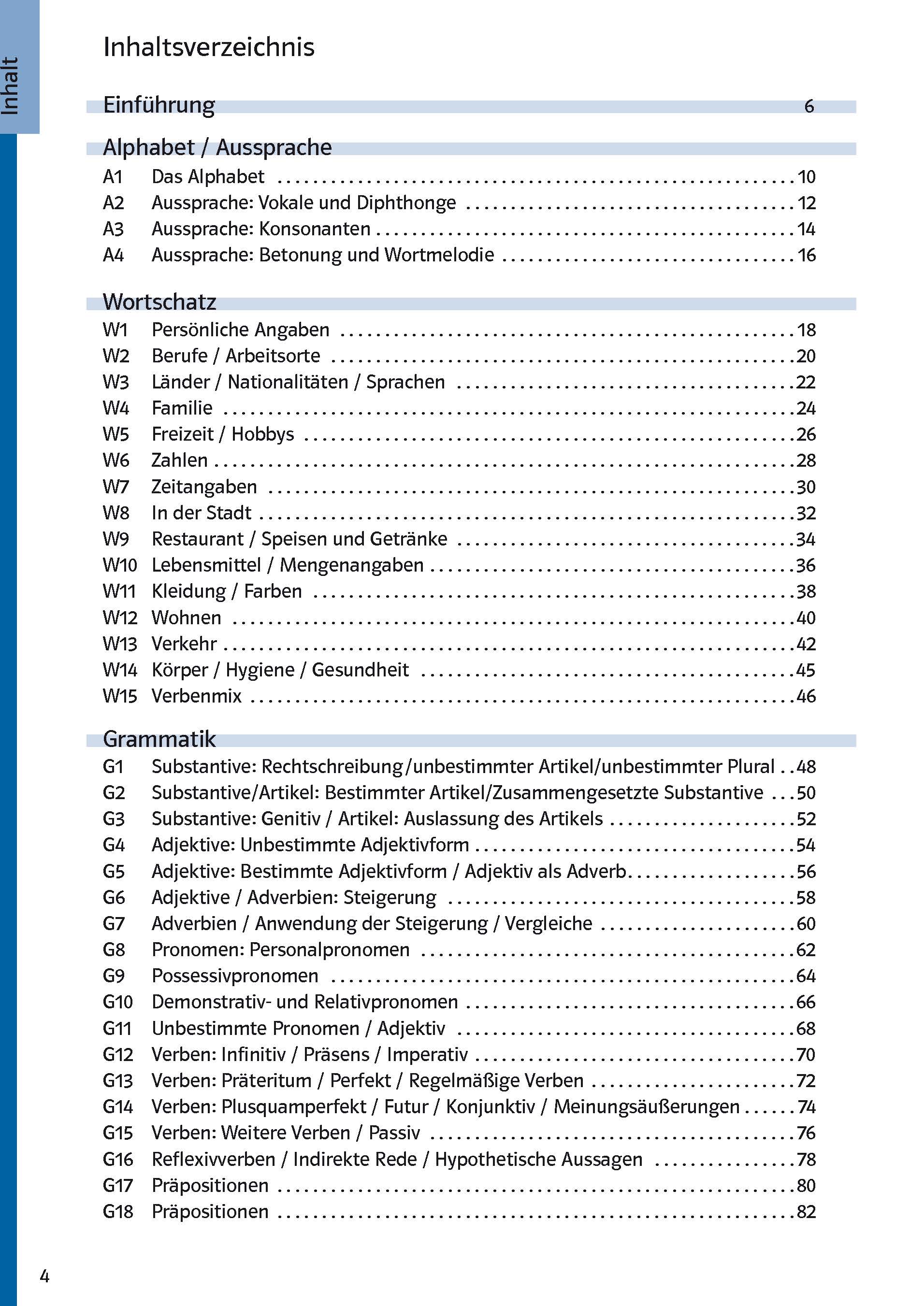 Inhaltsverzeichnis auf Deutsch mit Kapiteln und Vokabelthemen, einschließlich persönlicher Informationen, Beruf, Sprachen, Familie, Hobbys und Gesundheit, mit den entsprechenden Seitenzahlen.