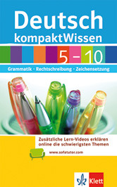 Buchumschlag mit dem Titel Deutsch kompaktWissen 5-10 mit bunten Stiften in einer Tasse. Im Untertitel wird auf Grammatik, Rechtschreibung und Zeichensetzung hingewiesen. Klett-Verlagslogo am unteren Rand.