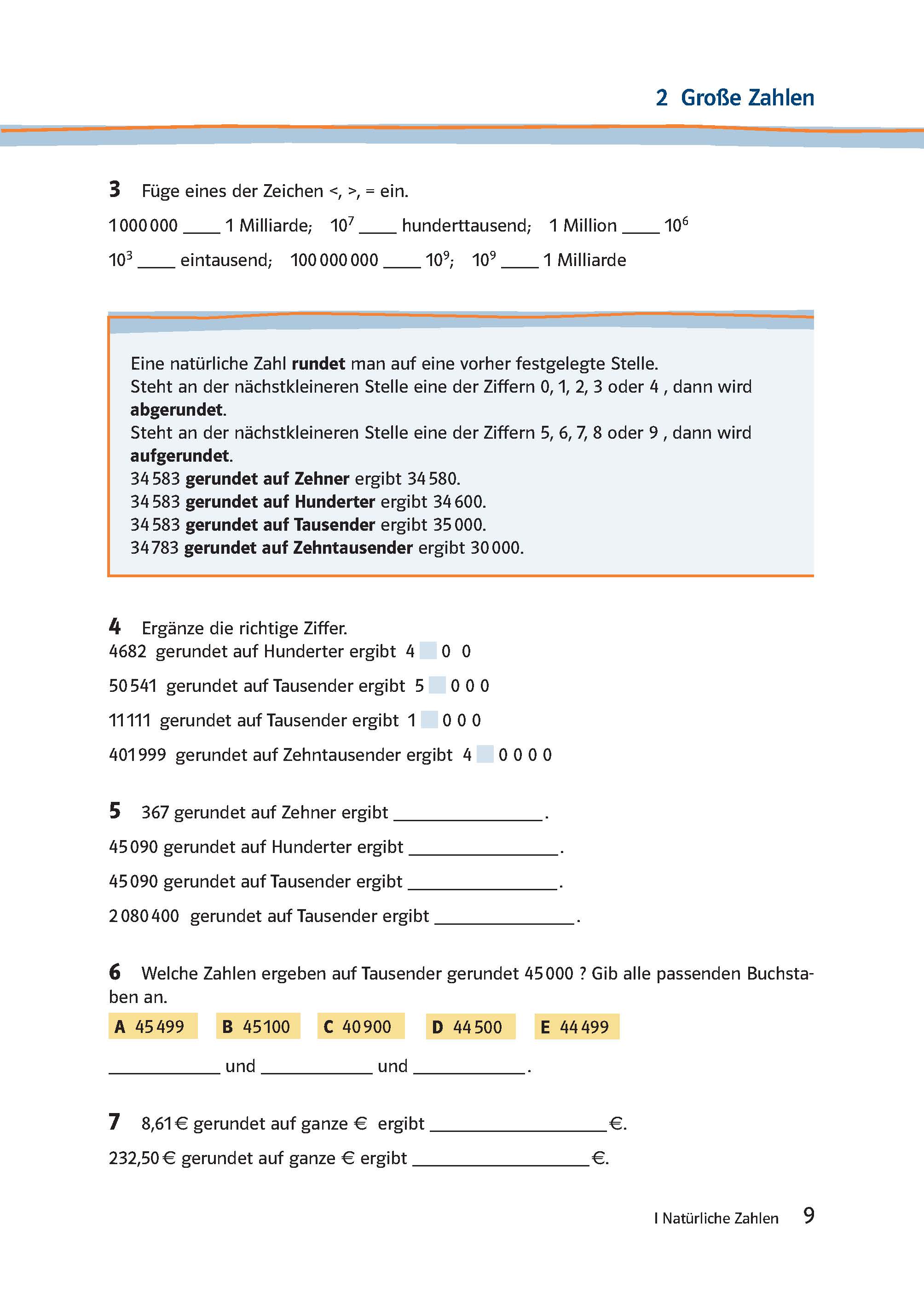 Ein deutsches Arbeitsblatt für Mathematik erklärt, wie man Zahlen auf Zehner, Hunderter, Tausender und Zehntausender aufrundet, mit Beispielen und Aufgaben zum Ausfüllen.