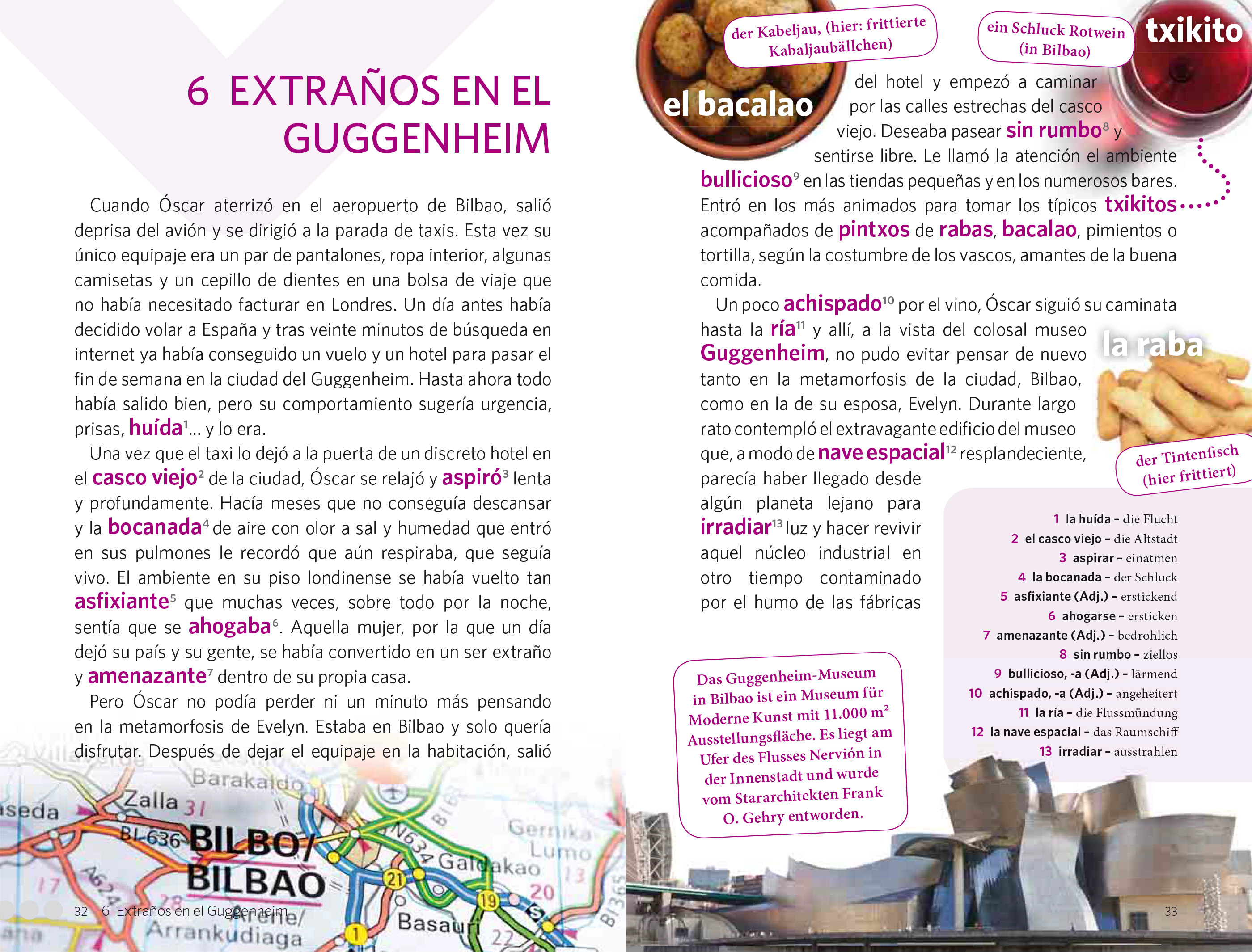 Eine Magazinseite in spanischer Sprache mit Text über das Guggenheim-Museum, baskische Gerichte wie Bacalao und Rabas sowie Bilder von Karten, Gerichten und hervorgehobenen Wörtern.