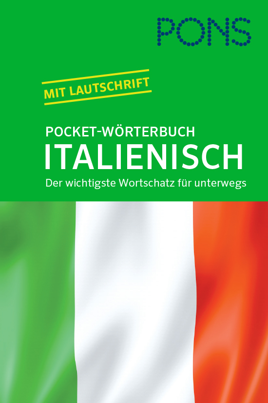 Umschlag eines deutsch-italienischen Taschenwörterbuchs von PONS mit der italienischen Flagge und einem Text, der die wichtigsten Vokabeln für die Reise hervorhebt und eine Lautschrift enthält.