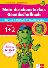 Buntes Deutsch-Arbeitsheft mit einem Zeichentrickdrachen, der zwei kleinere Drachen stapelt, und Text, der ihn hervorhebt. Für die Klassen 1 und 2, mit den Schwerpunkten Deutsch, Mathe und Konzentration.