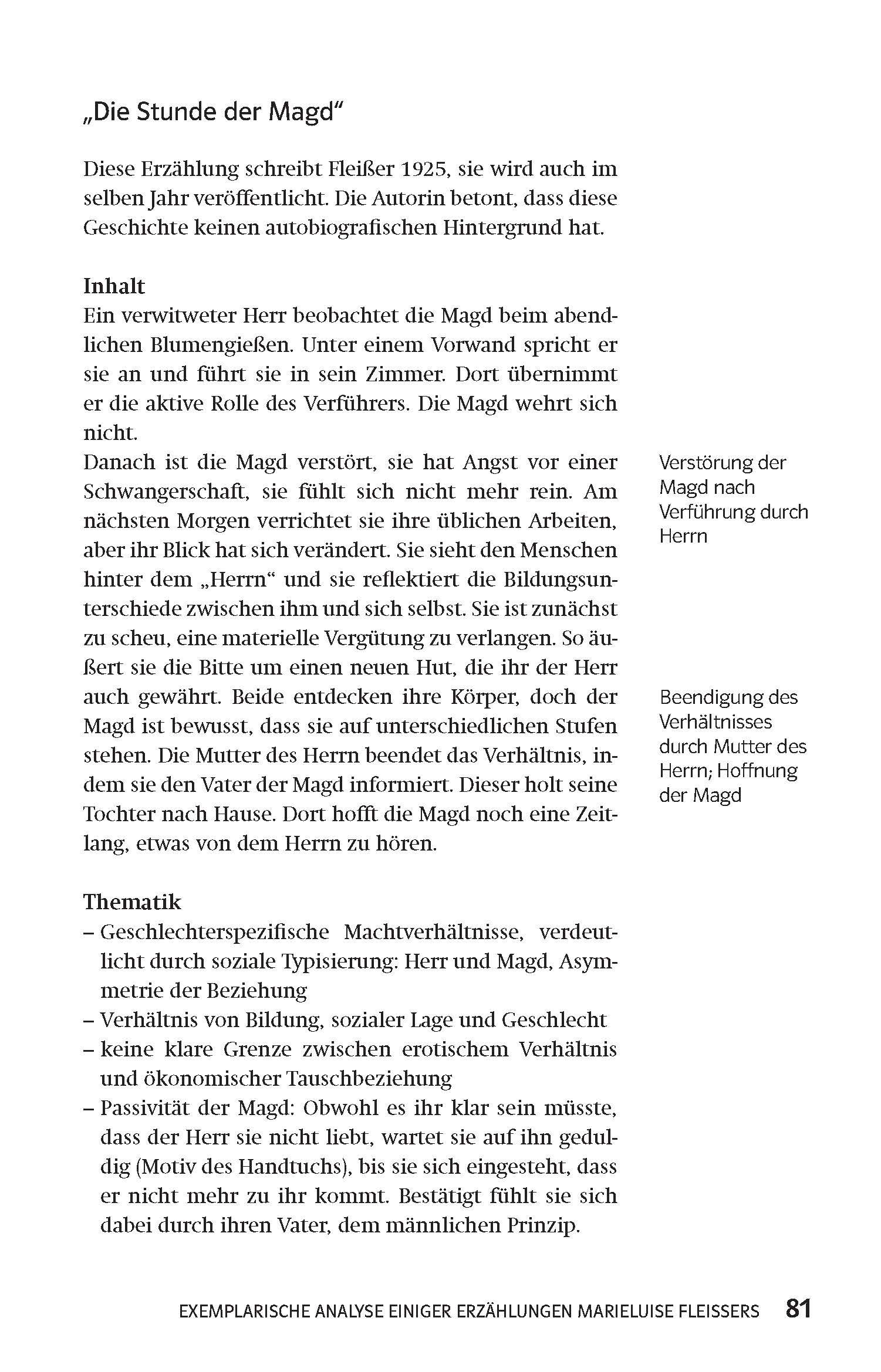 Eine Seite aus einem deutschen Literaturanalysebuch mit einer Zusammenfassung und Interpretation der Erzählung Die Stunde der Magd von Marieluise Fleißer mit Überschriften für Inhalt und Themen.