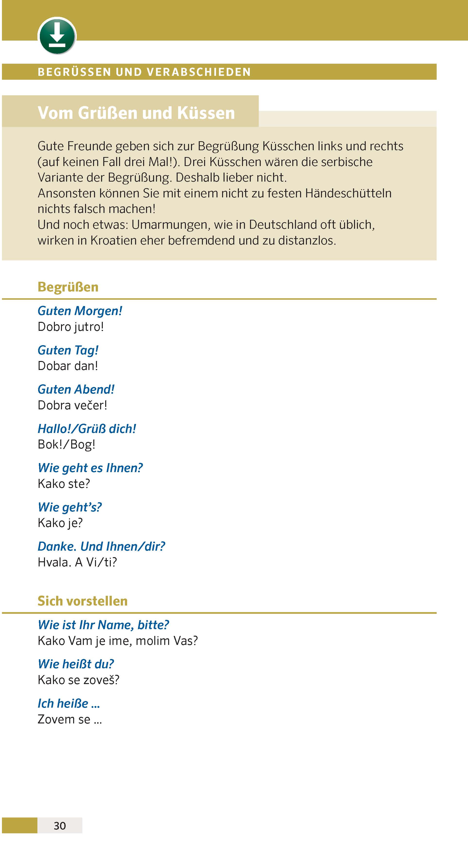 Eine deutsche Textseite erklärt Grüße und Kussbräuche, mit einer gelben Kopfzeile und einer Liste von Grüßen auf Deutsch und Kroatisch.