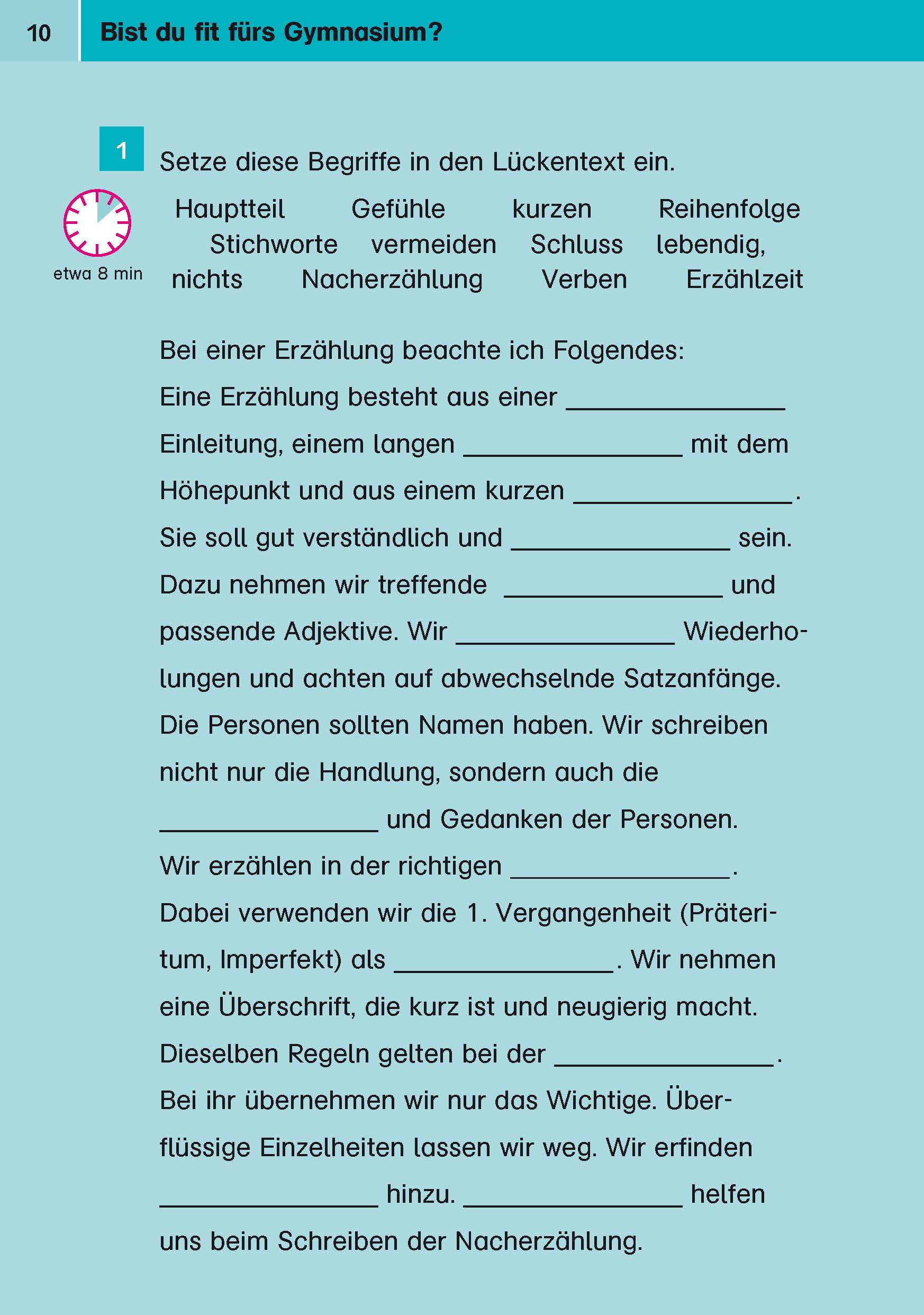 Eine Übung in deutscher Sprache, bei der die Schülerinnen und Schüler Leerstellen zu Elementen des Geschichtenerzählens ausfüllen sollen, mit Aufzählungspunkten und Linien für die Antworten, auf einem blaugrünen Hintergrund.