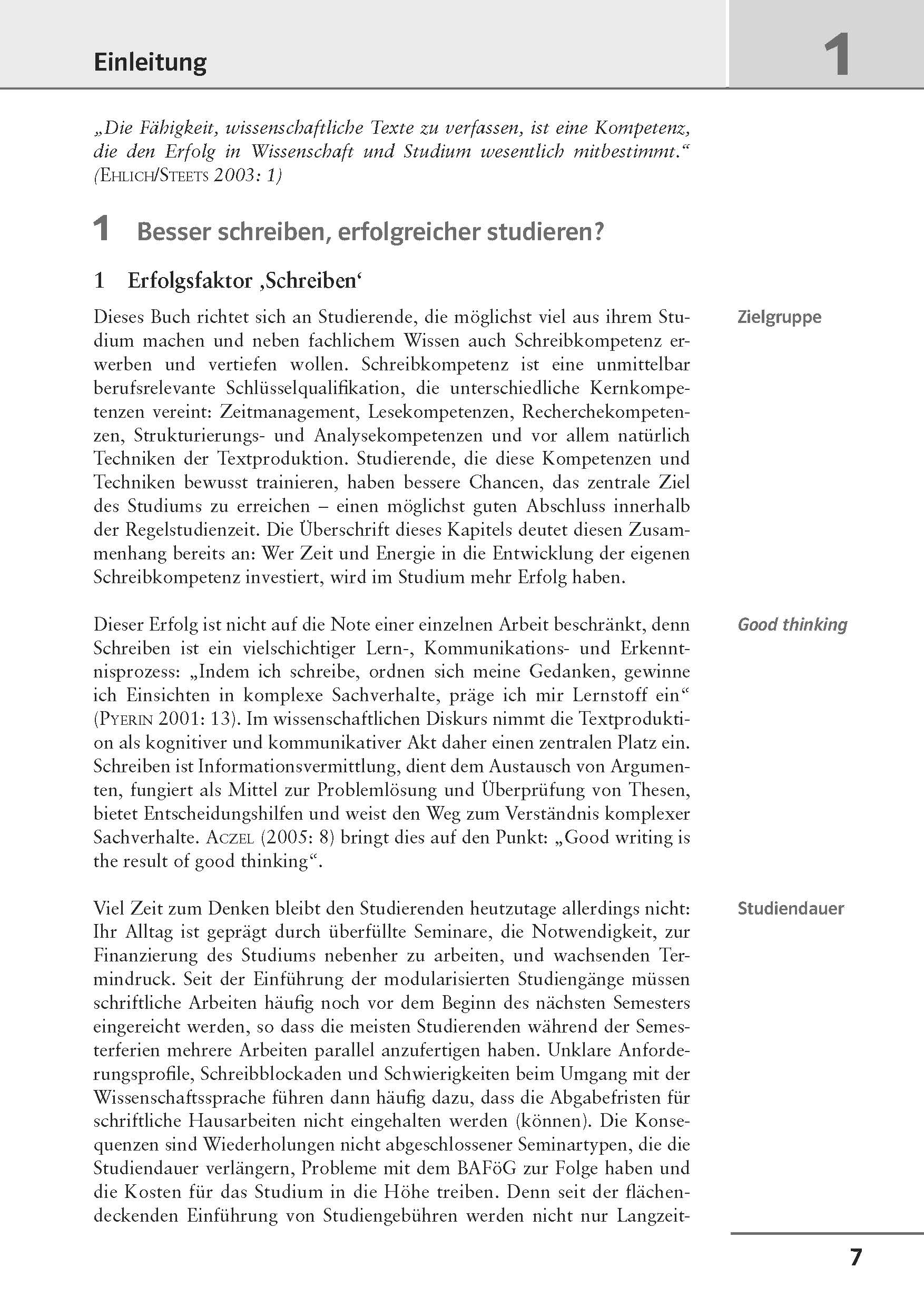Eine Seite aus einem deutschen akademischen Lehrbuch erörtert die Bedeutung von Schreibfähigkeiten für Studierende und hebt Schlüsselkompetenzen wie Textverständnis und Recherchefähigkeiten hervor.