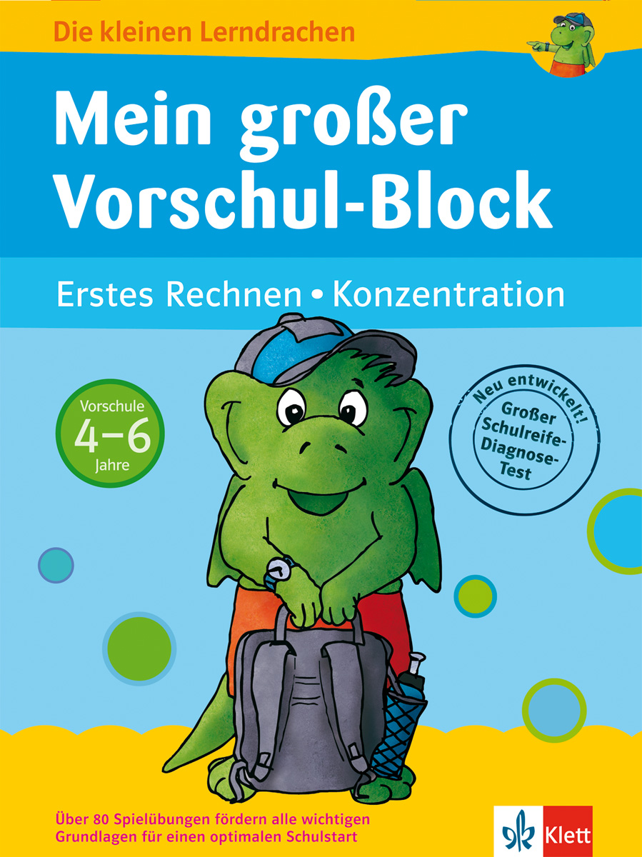 Ein Cartoon-Drache mit rotem Hemd und blauer Mütze sitzt mit einem Rucksack da. Der deutsche Text wirbt für ein Vorschul-Aktivitätsbuch für 4-6-Jährige zum Thema Mathematik und Konzentration.