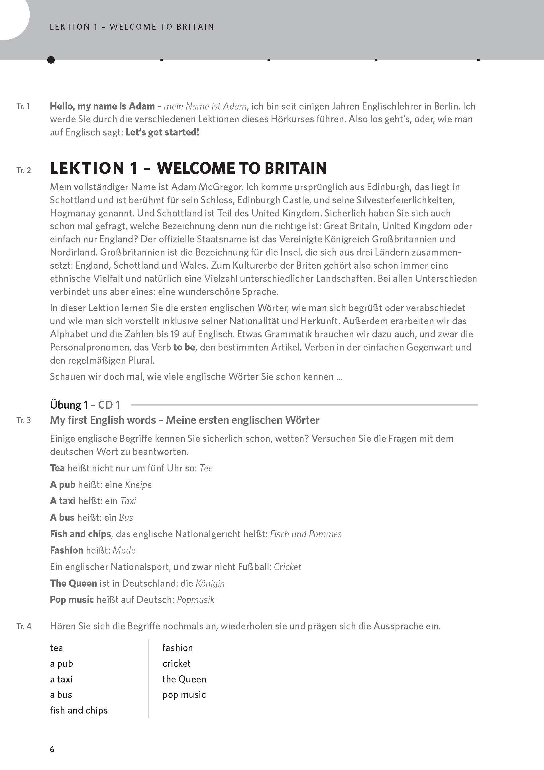 Eine Lehrbuchseite zur Einführung in Welcome to Britain, mit englischem und deutschem Text über einen Sprecher aus Schottland und Anweisungen für eine Audioübung.