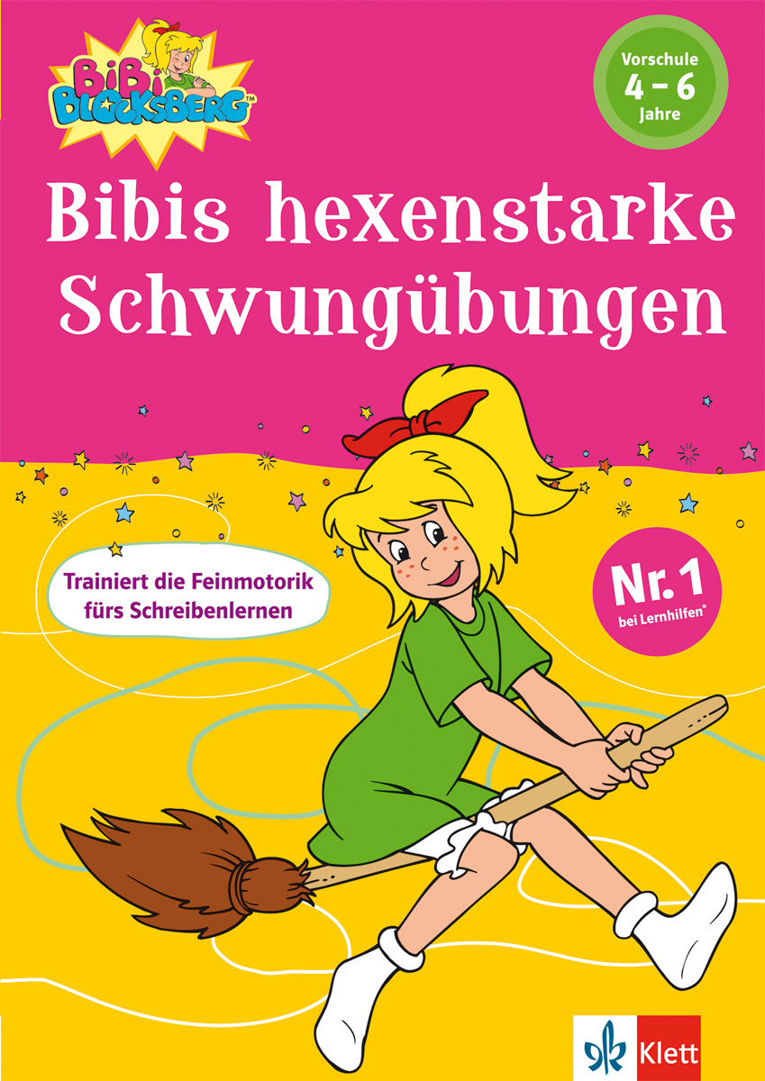 Umschlag eines deutschen Vorschulbuchs mit dem Titel Bibis hexenstarke Schwungübungen mit einer Cartoon-Hexe, die auf einem Besen vor einem rosa Hintergrund fliegt.