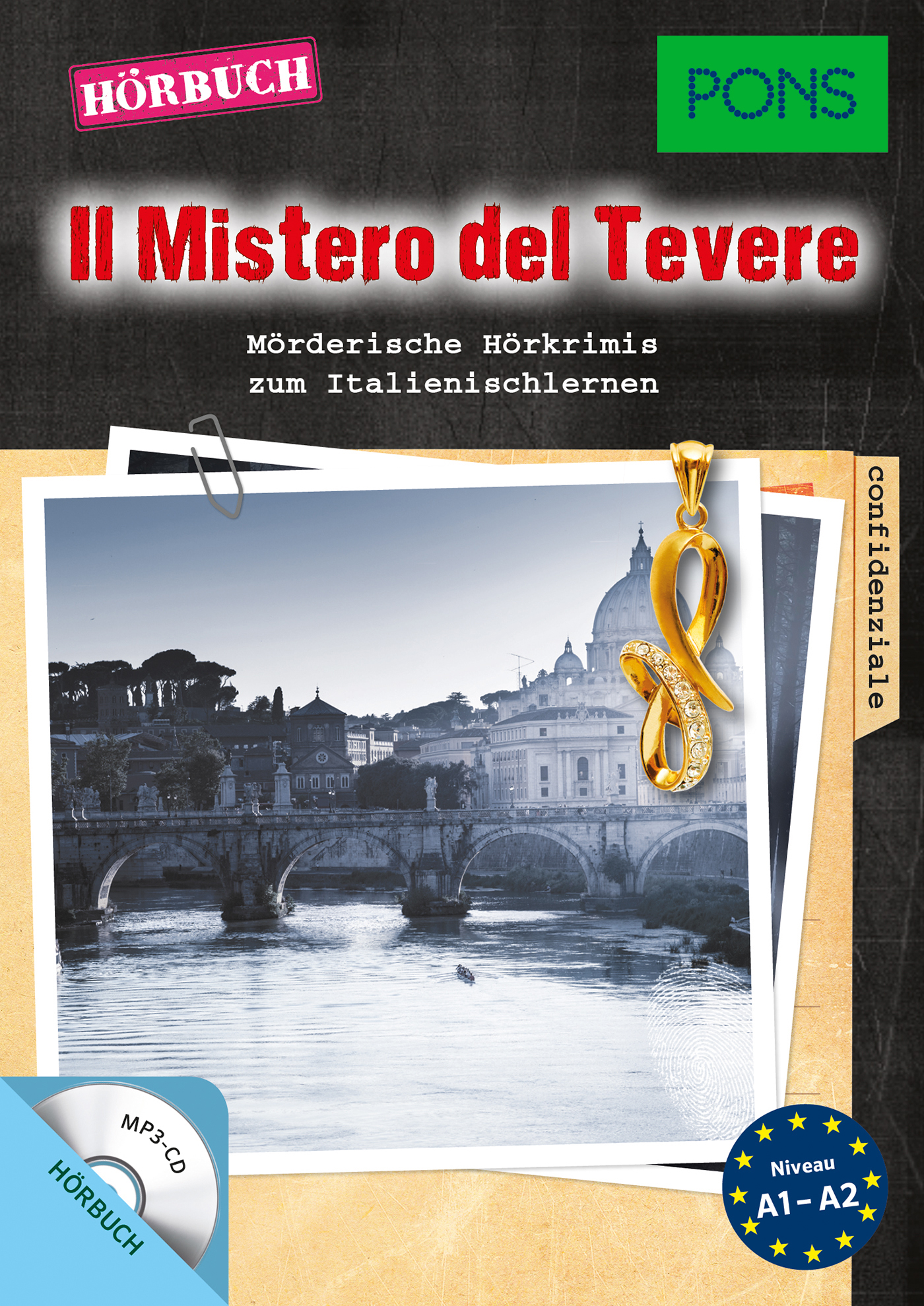 Cover des Hörbuchs Il Mistero del Tevere mit einem Schwarz-Weiß-Foto von Roms Tiber, einer CD und einem deutschen und italienischen Text zum Italienischlernen.