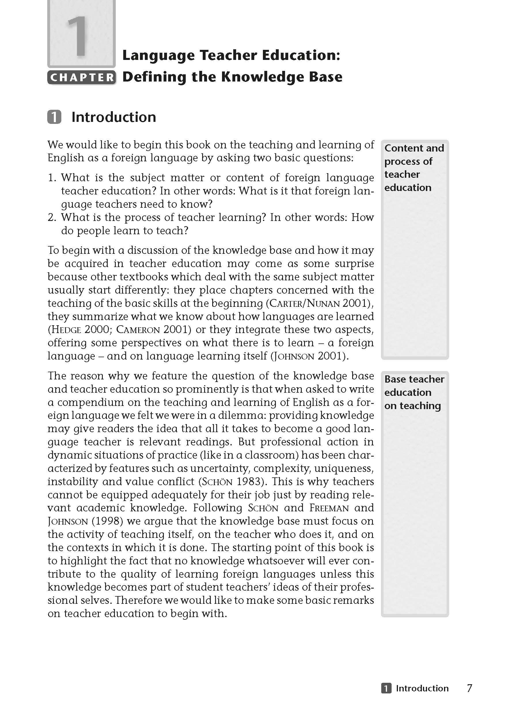 Lehrbuchseite mit dem Titel Language Teacher Education: Definition der Wissensbasis mit zwei Textspalten und seitlichen Anmerkungen zu Inhalt und Basis der Lehrerausbildung.