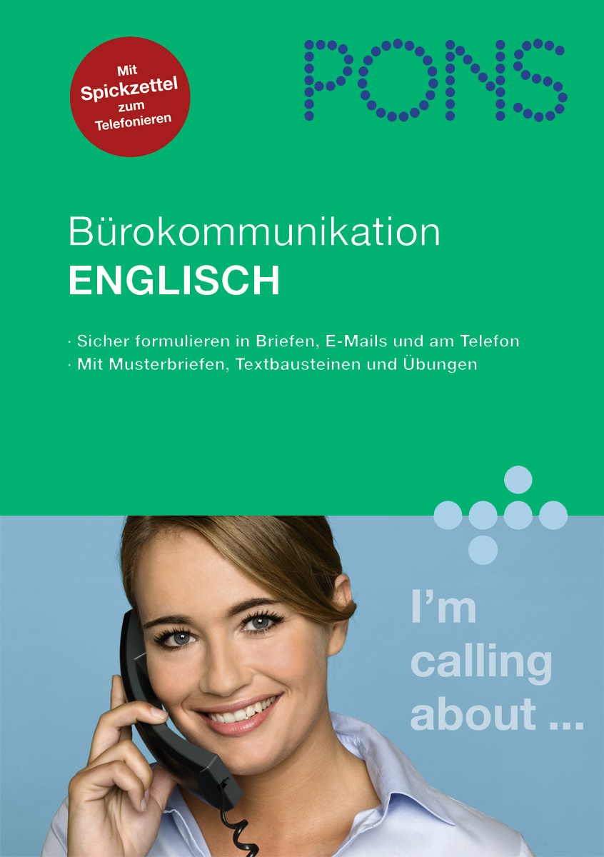 Umschlag eines deutsch-englischen Buches über Bürokommunikation mit einer lächelnden Frau am Telefon und einem Text über Schreib- und Sprechfertigkeiten im Geschäftsleben auf Englisch.