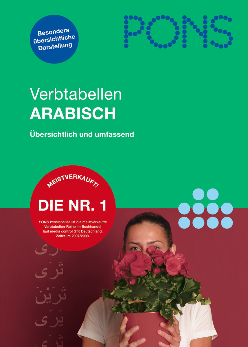 Umschlag eines PONS-Buches mit arabischen Verbtabellen, das eine Frau mit einer Topfpflanze und verschiedenen Beschriftungen in deutscher Sprache zeigt.
