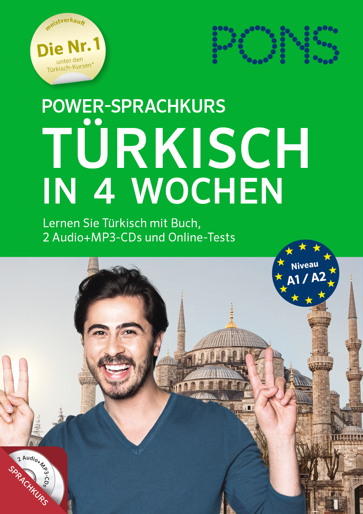 Ein Mann lächelt und gestikuliert mit zwei erhobenen Fingern vor einer Moschee. Der Text wirbt für einen Türkisch-Sprachkurs von PONS, der Ergebnisse in vier Wochen verspricht.