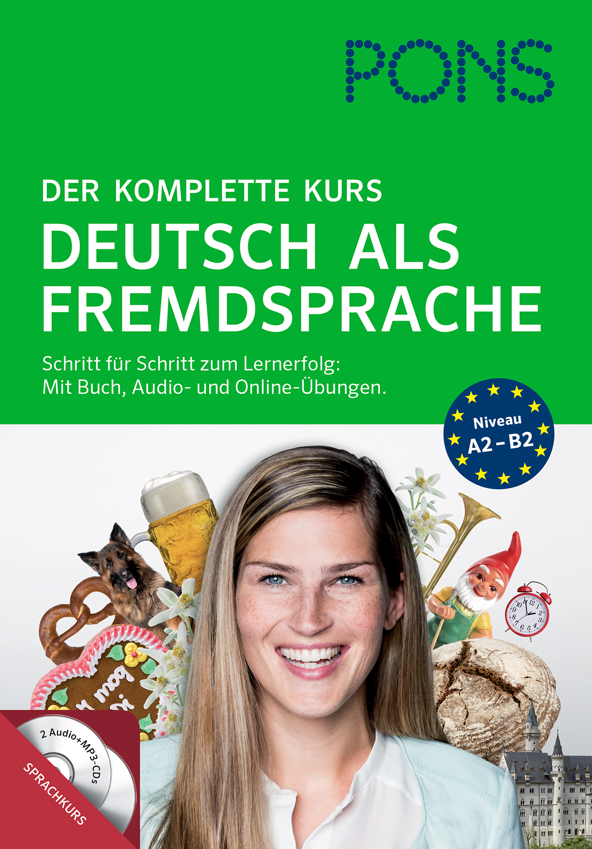 Umschlag eines Deutschkursbuchs mit dem Titel Deutsch als Fremdsprache, das eine lächelnde Frau und verschiedene deutsche Kulturgüter zeigt, geeignet für die Niveaustufen A2-B2.