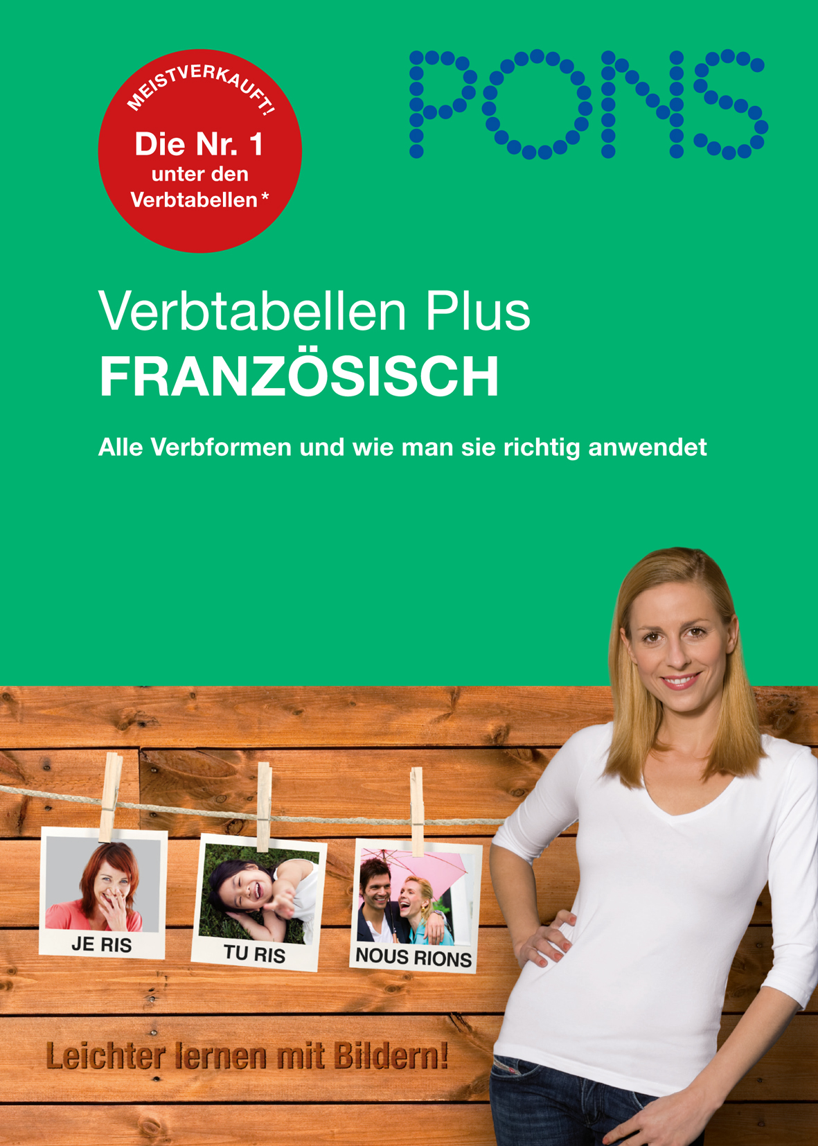 Cover eines deutschsprachigen Buches mit dem Titel PONS Verbtabellen Plus Französisch mit einer lächelnden Frau und Fotos, die französische Verbkonjugationen illustrieren.