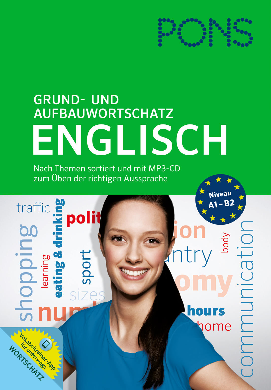 Umschlag eines deutsch-englischen Vokabelheftes mit dem Titel Grund- und Aufbauwortschatz Englisch mit einer lächelnden Frau und englischen Wörtern in verschiedenen Farben um sie herum.