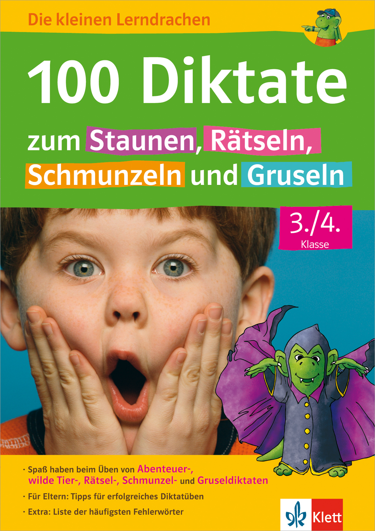 Buchumschlag mit einem überraschten Kind, das sich das Gesicht hält, einem farbenfrohen Text über 100 Diktate für Kinder und einem Zeichentrickdrachen mit einem Umhang in der unteren rechten Ecke.