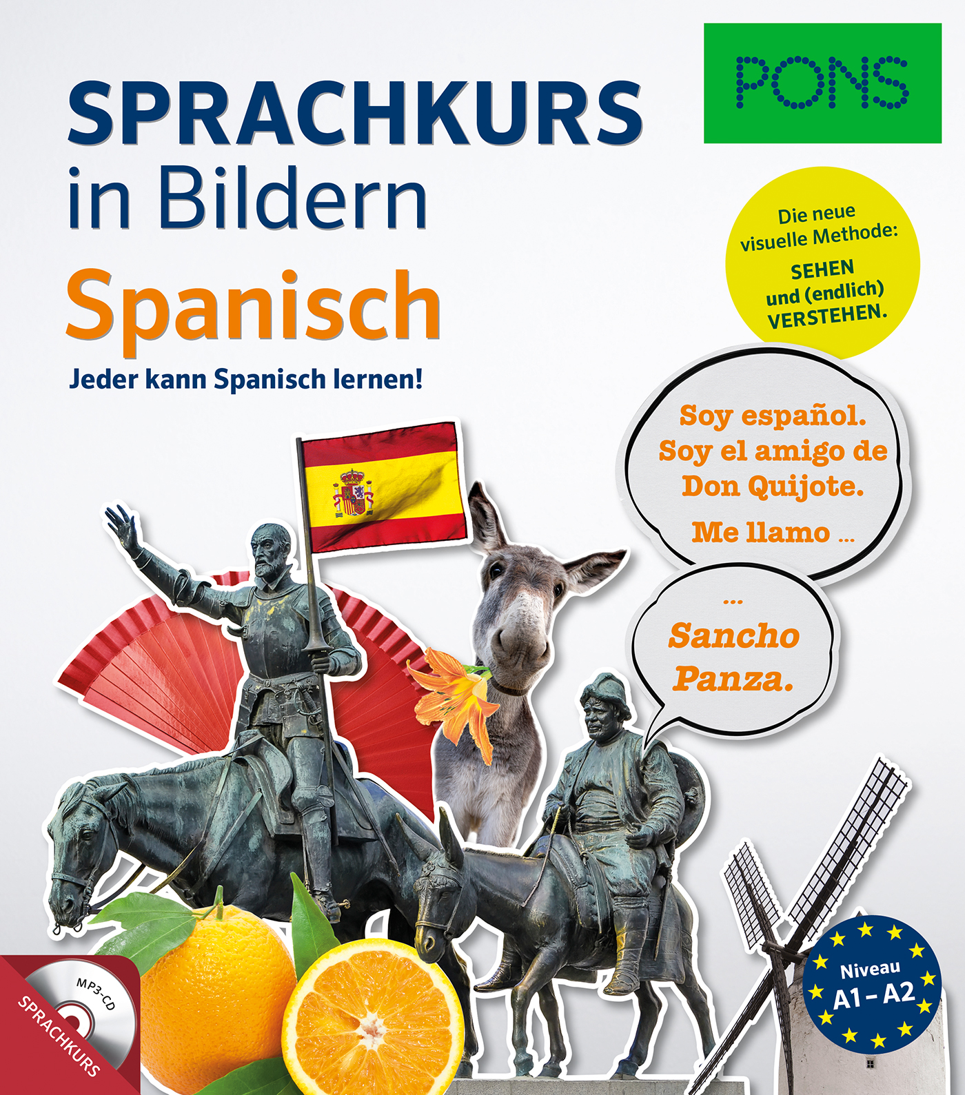 Umschlag eines Spanischkursbuchs von PONS mit Statuen, einem Esel, einer Orange, der spanischen Flagge und Sprechblasen, die Don Quijote und Sancho Panza vorstellen.