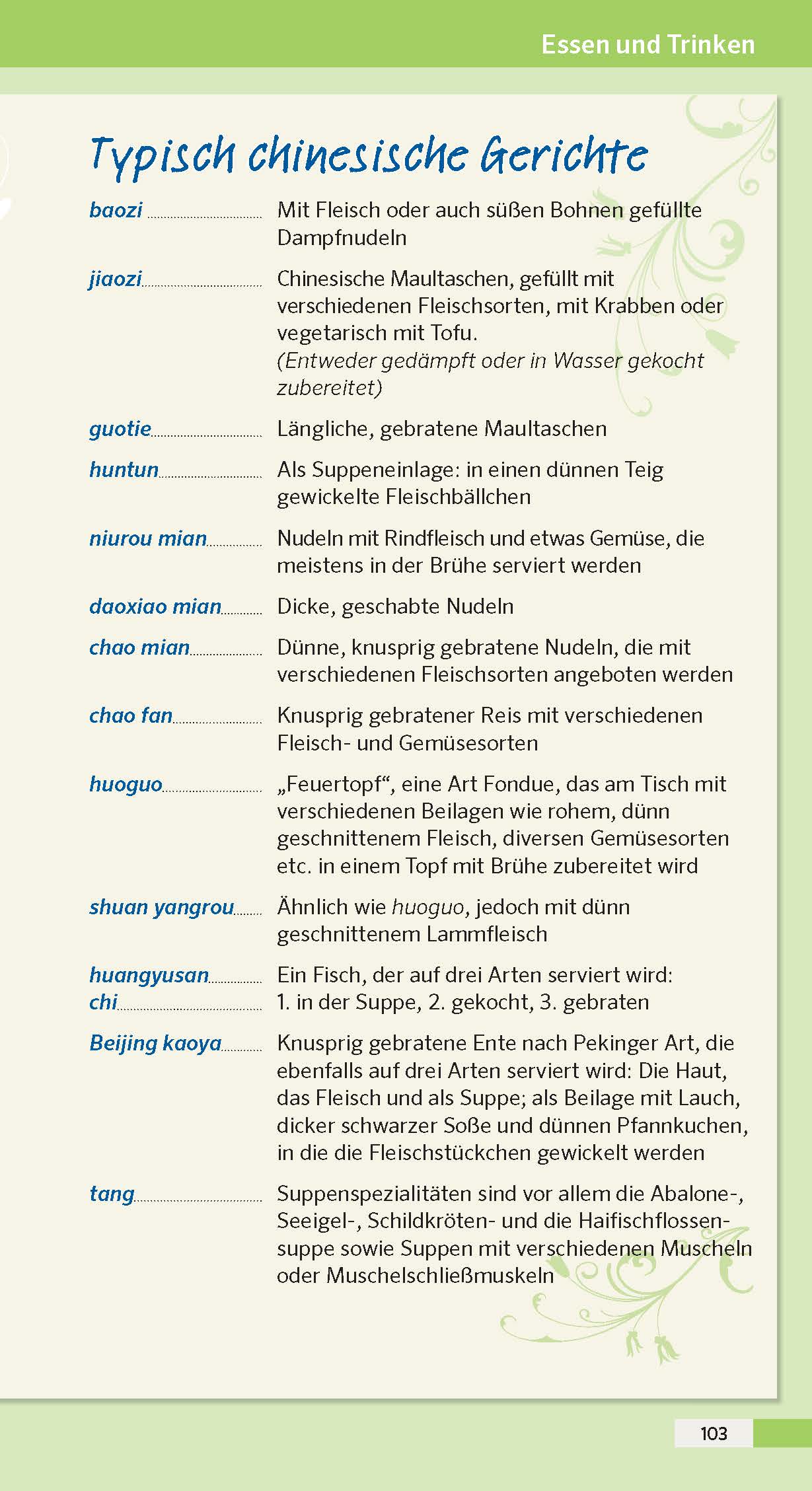 Eine deutschsprachige Menüseite listet in zwei Spalten unter Typisch chinesische Gerichte verschiedene typische chinesische Gerichte mit ihren Beschreibungen und Zutaten auf.