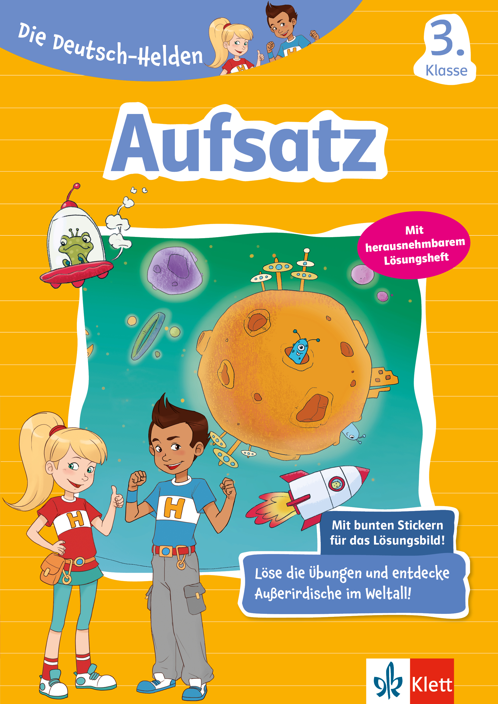 Umschlag eines deutschen Arbeitsbuchs mit dem Titel Aufsatz für die 3. Klasse, das zwei Cartoon-Kinder, eine Rakete und eine Weltraumszene mit Planeten und Außerirdischen zeigt.