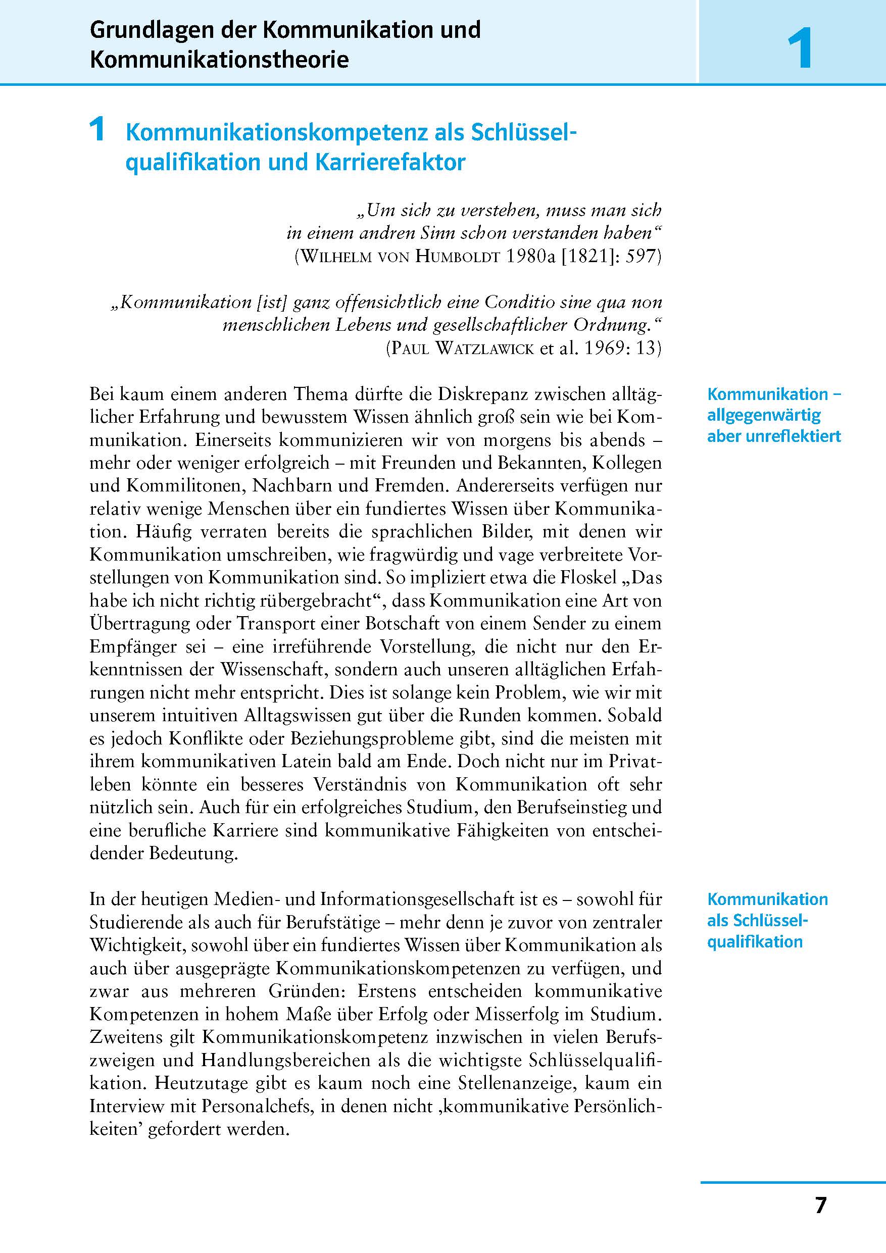 Eine Lehrbuchseite zum Thema Kommunikation mit Zitaten von Humboldt und Watzlawick, einer Kapitelüberschrift, einer Seitenleiste und einem deutschen Text zum Thema Kommunikationskompetenz.